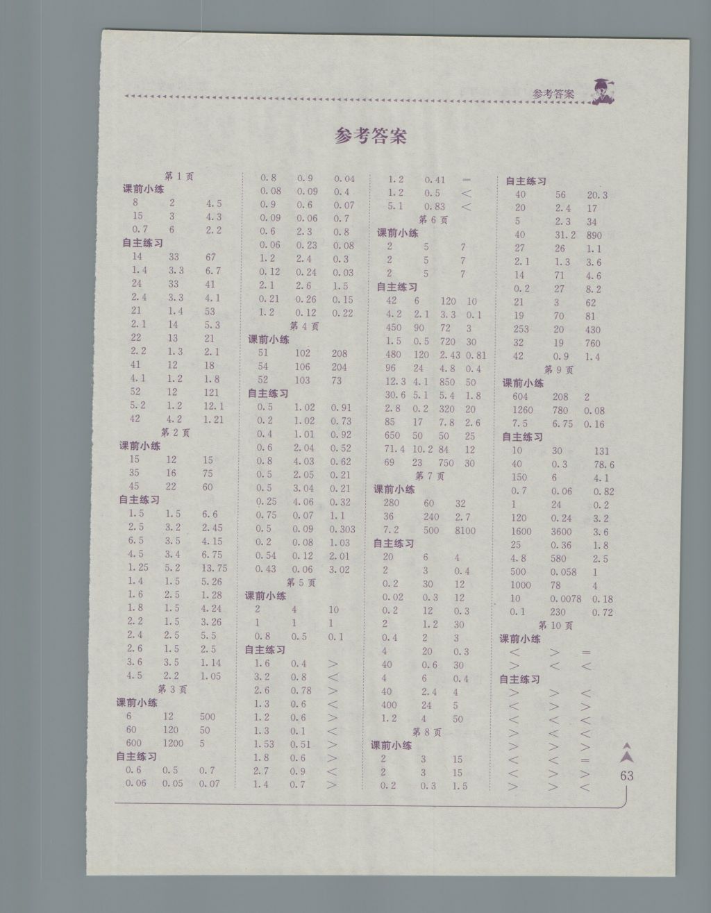 2016年黄冈小状元口算速算练习册五年级数学上册北师大版广东 参考答案第1页