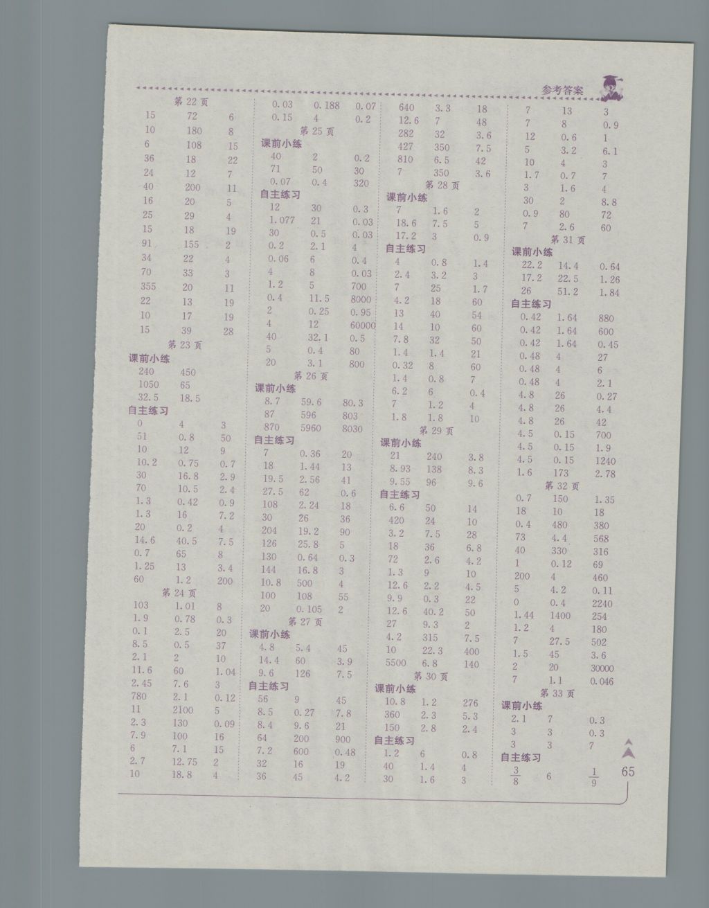 2016年黄冈小状元口算速算练习册五年级数学上册北师大版广东 参考答案第3页