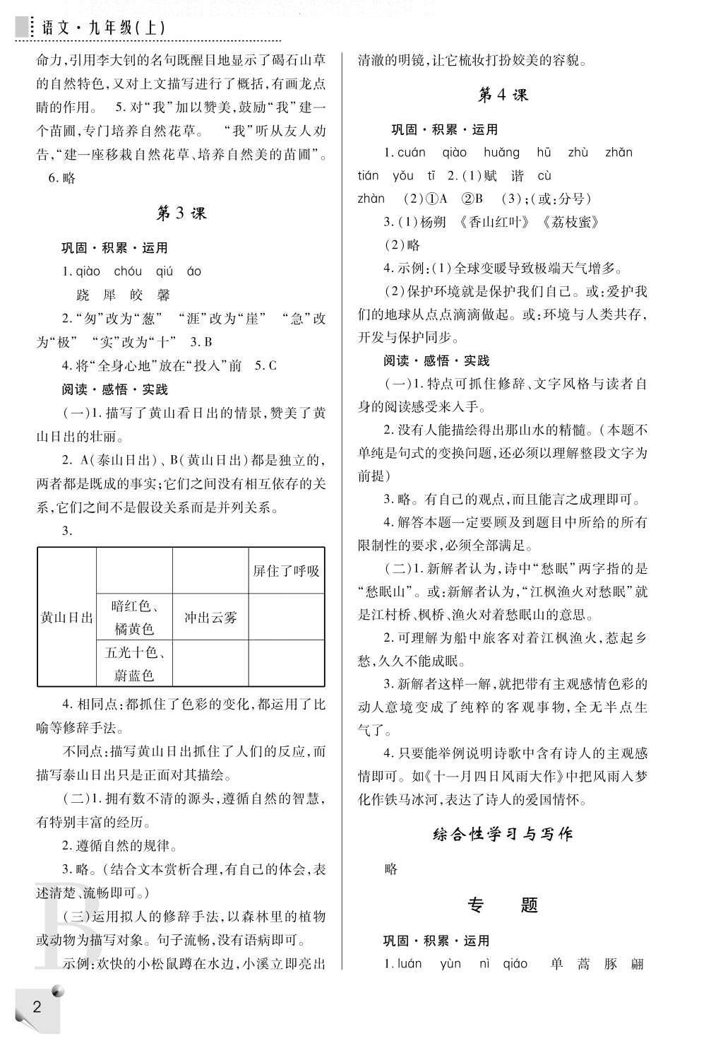 2016年課堂練習冊九年級語文上冊B版 參考答案第2頁