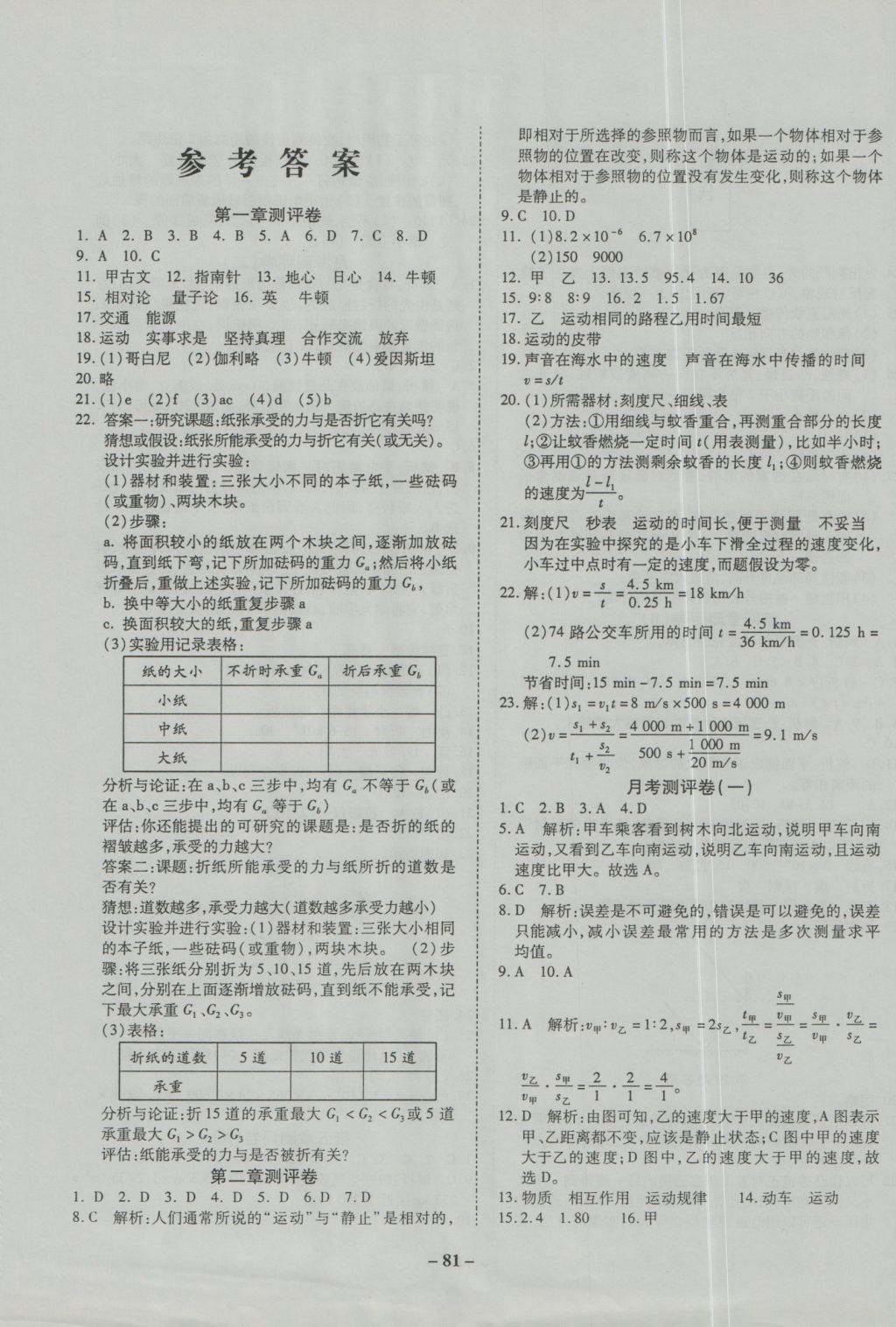 2016年培優(yōu)奪冠金卷名師點(diǎn)撥八年級(jí)物理上冊(cè)滬科版 參考答案第1頁