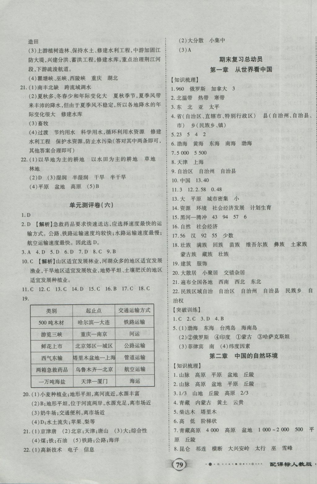 2016年全程优选卷八年级地理上册人教版 参考答案第3页