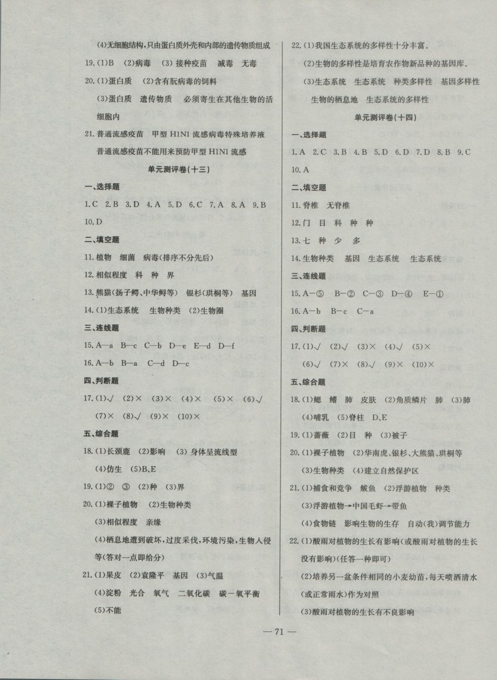 2016年精彩考評單元測評卷八年級生物上冊人教版 參考答案第7頁