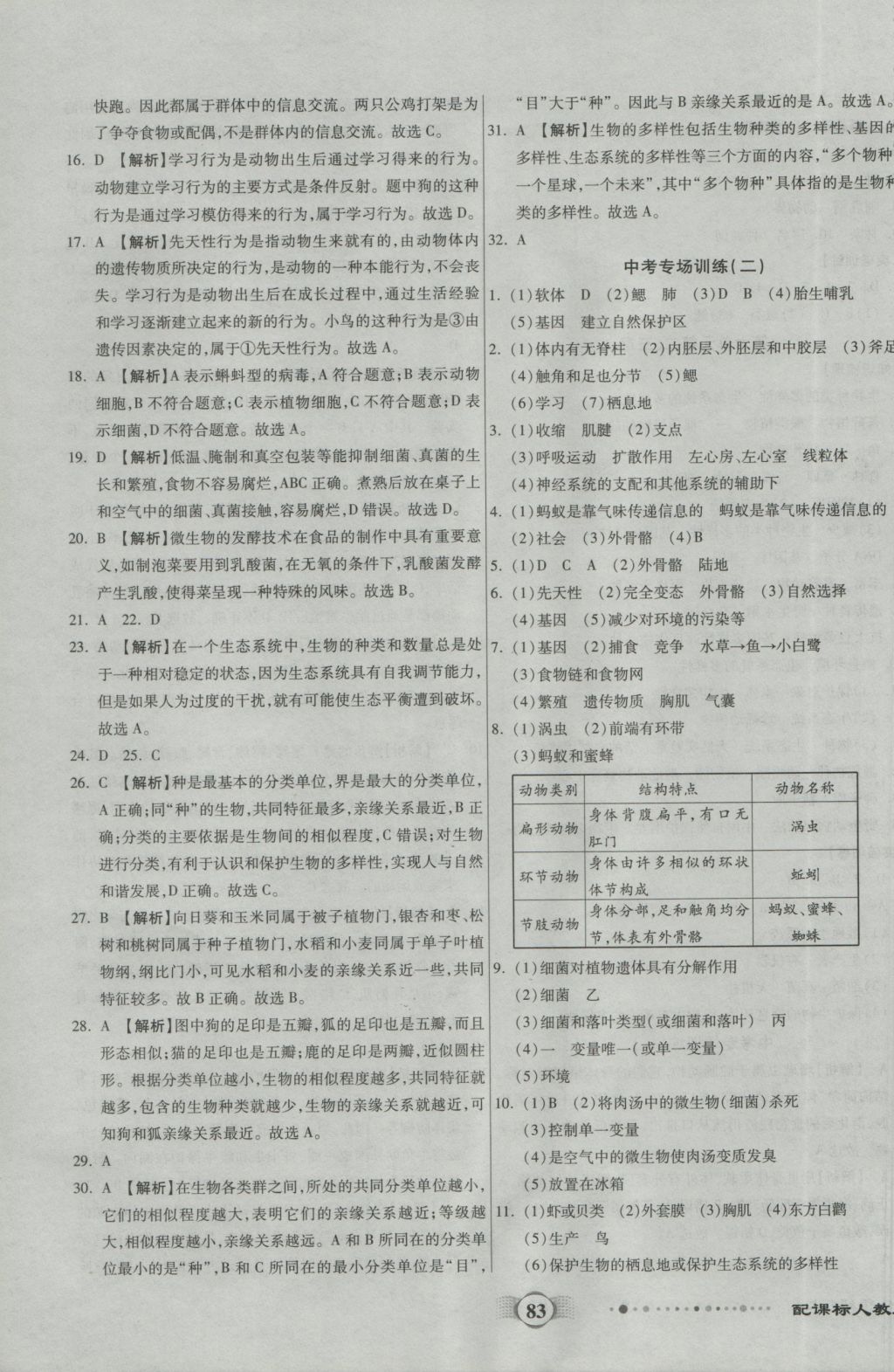 2016年全程優(yōu)選卷八年級(jí)生物上冊人教版 參考答案第7頁