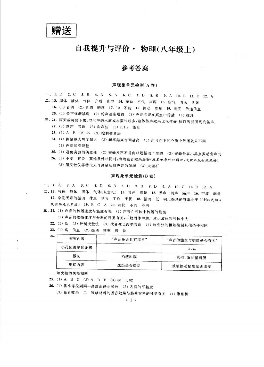 2016年自我提升与评价八年级物理上册 参考答案第1页