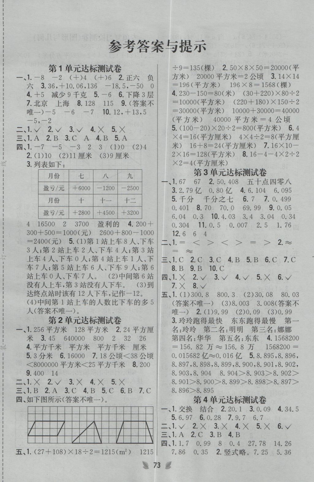 2016年小學(xué)教材完全考卷五年級數(shù)學(xué)上冊江蘇版 參考答案第1頁