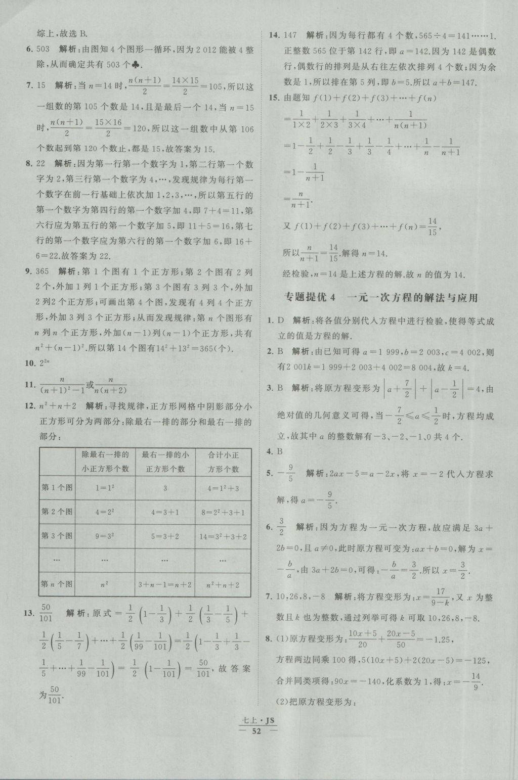 2016年经纶学典学霸七年级数学上册江苏版 参考答案第52页