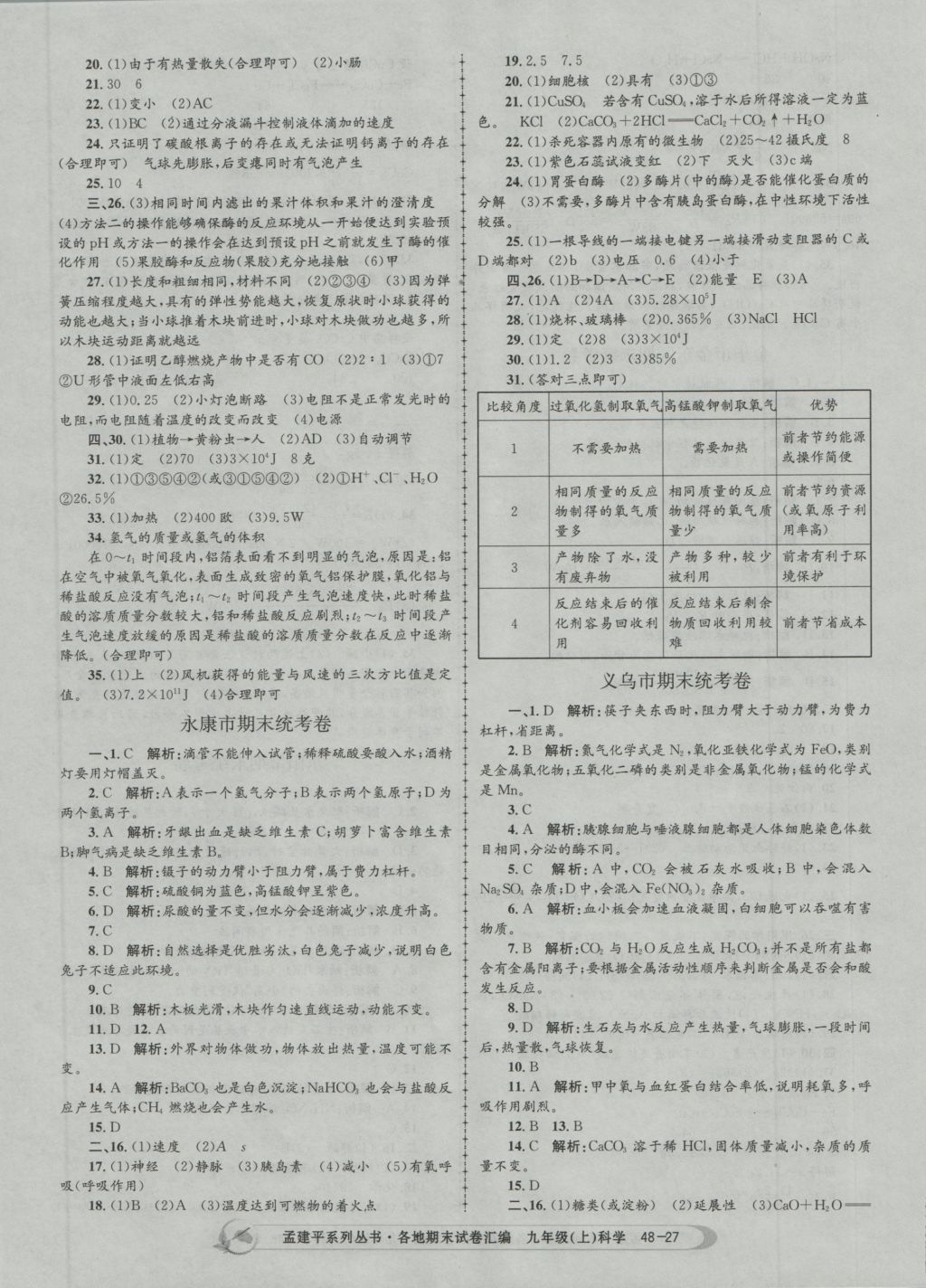 2016年孟建平各地期末试卷汇编九年级科学上册 参考答案第27页