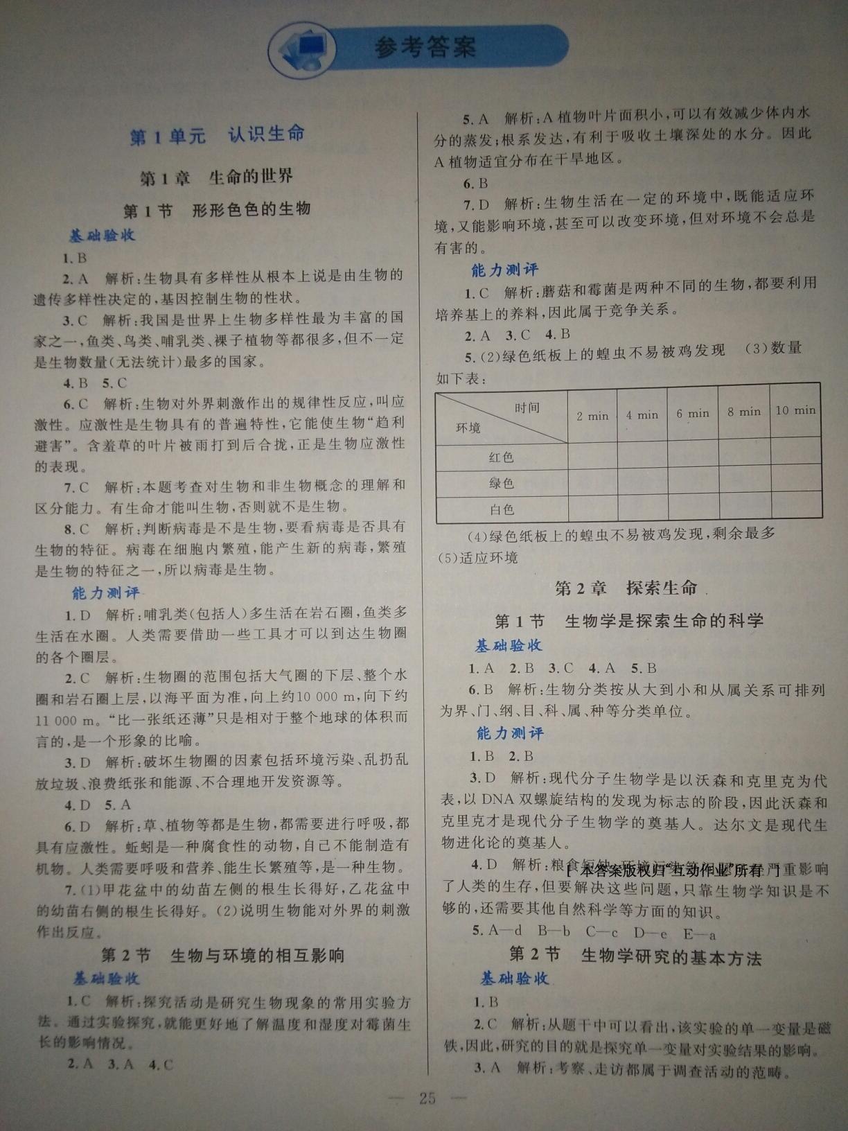 2016年课堂精练七年级生物上册北师大版福建专版 第1页