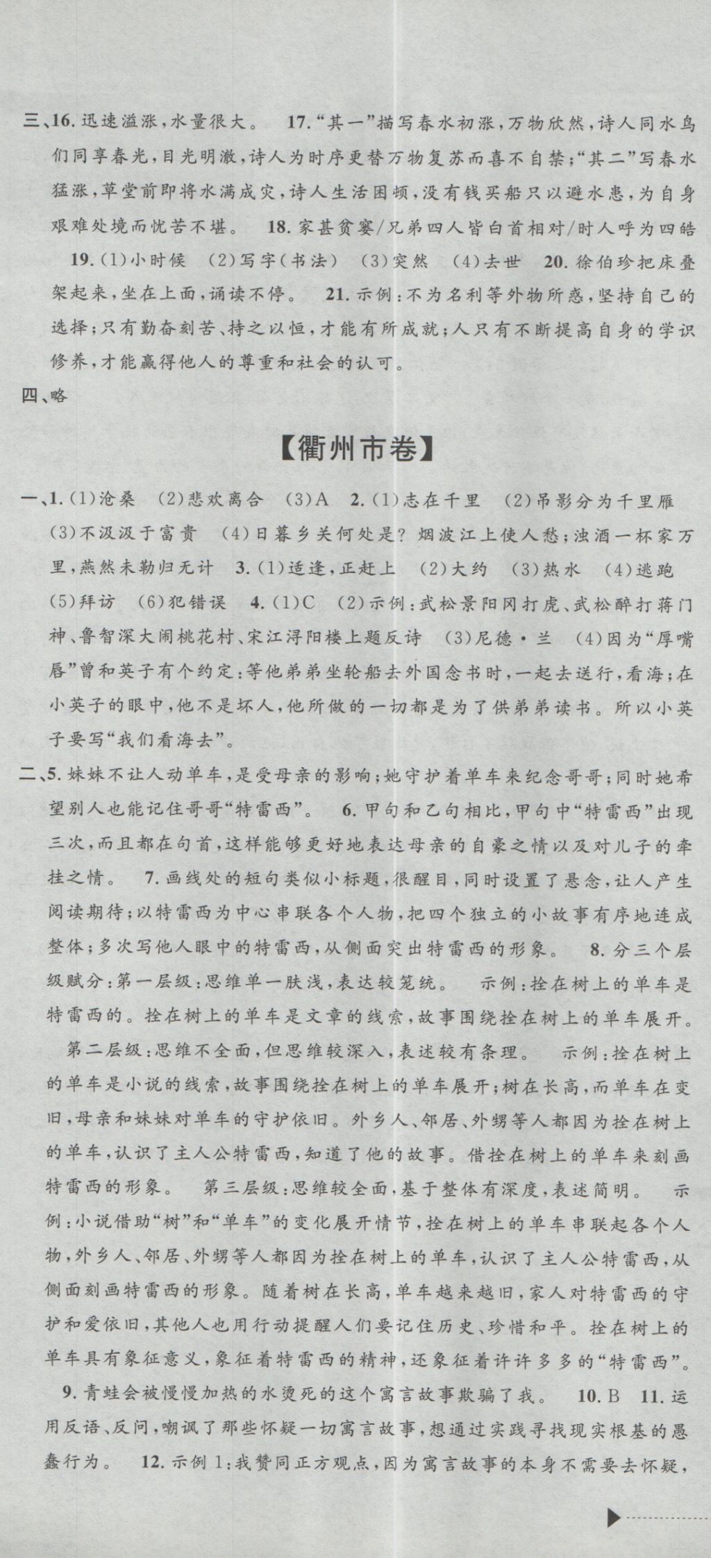 2017年最新3年中考利剑浙江省中考试卷汇编语文 参考答案第19页