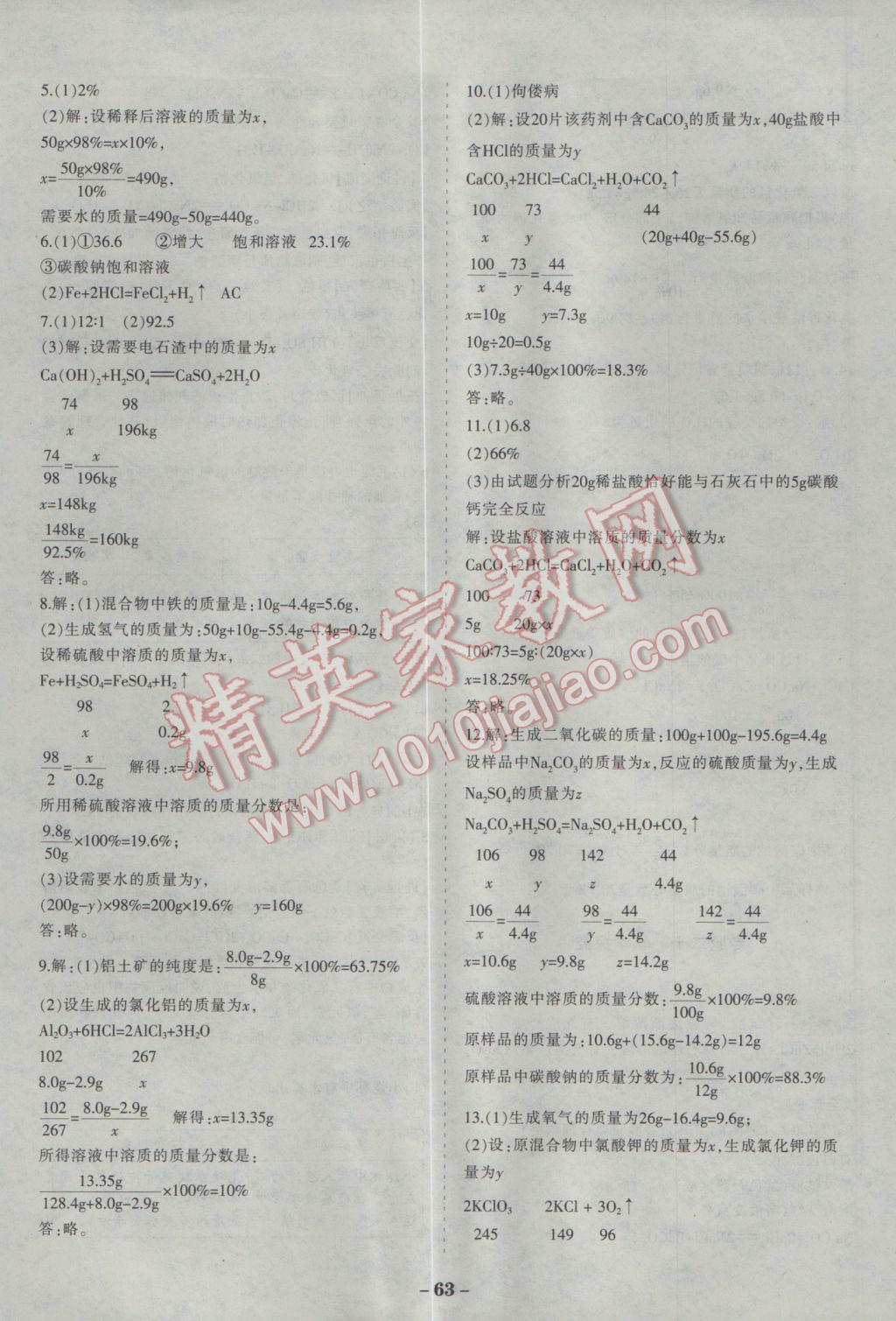 2017年中考通甘肅省中考復習指導與測試化學人教版 參考答案第5頁