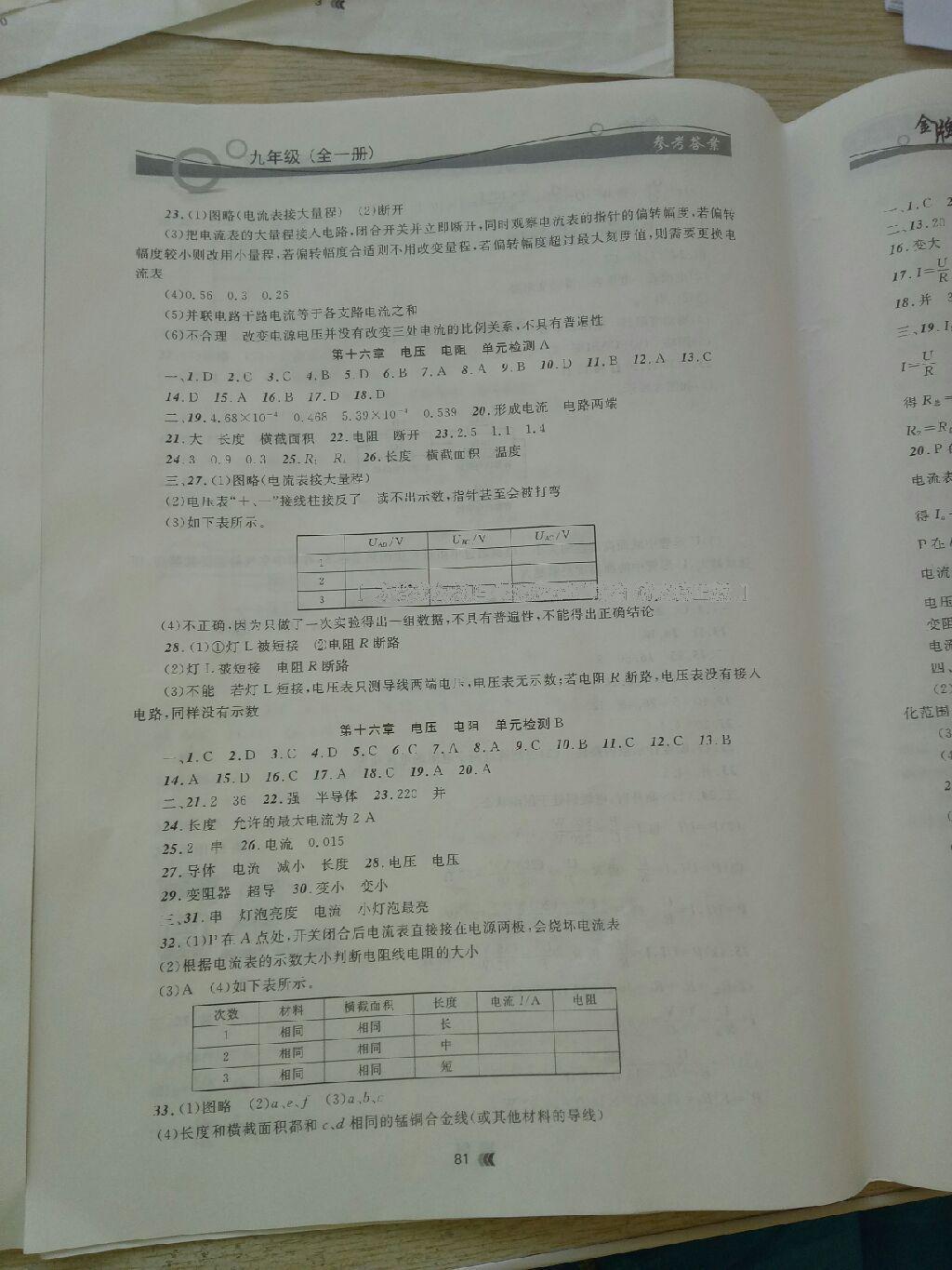 2016年學(xué)生實驗報告冊九年級物理上冊人教版 第1頁