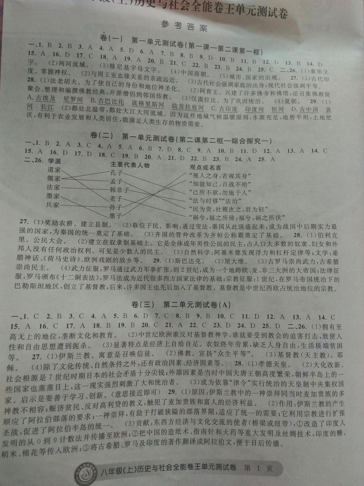 2016年全能卷王单元测试卷八年级历史与社会思想品德上册 第1页