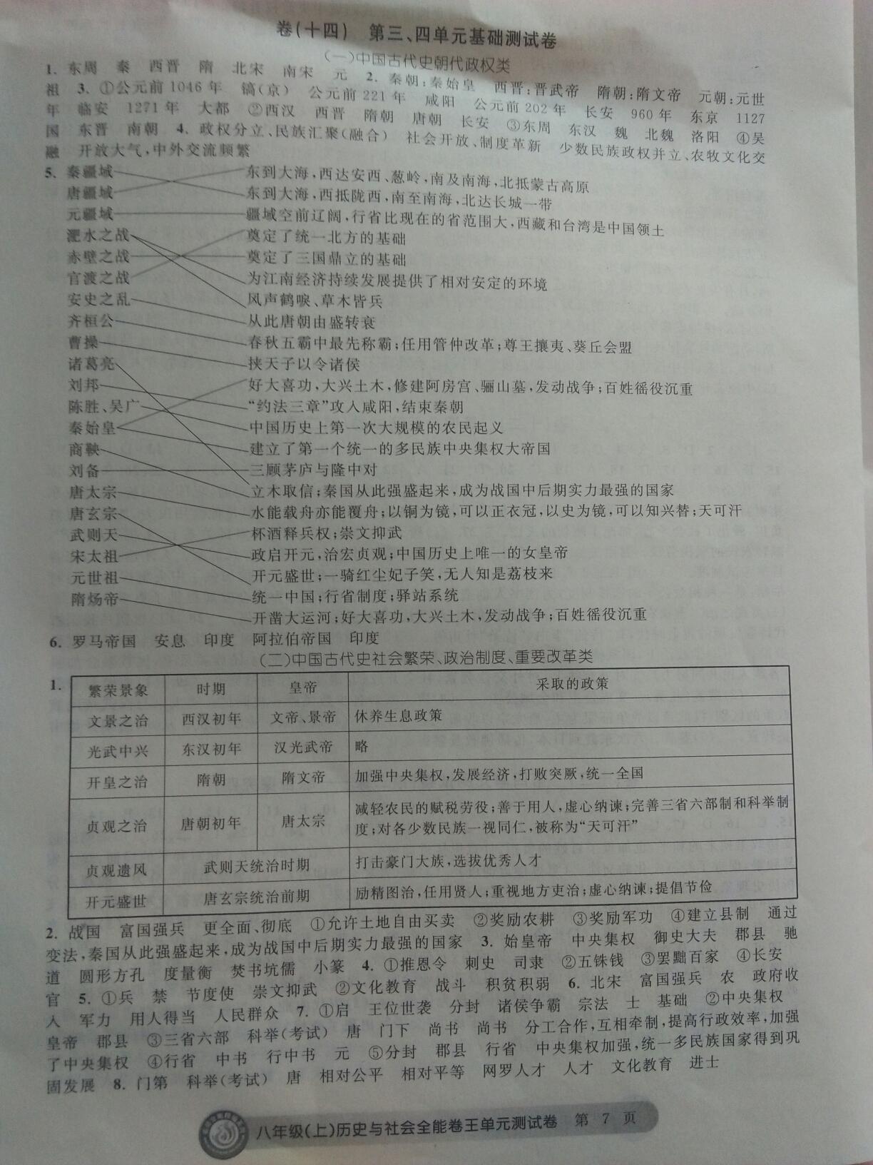 2016年全能卷王单元测试卷八年级历史与社会思想品德上册 第7页