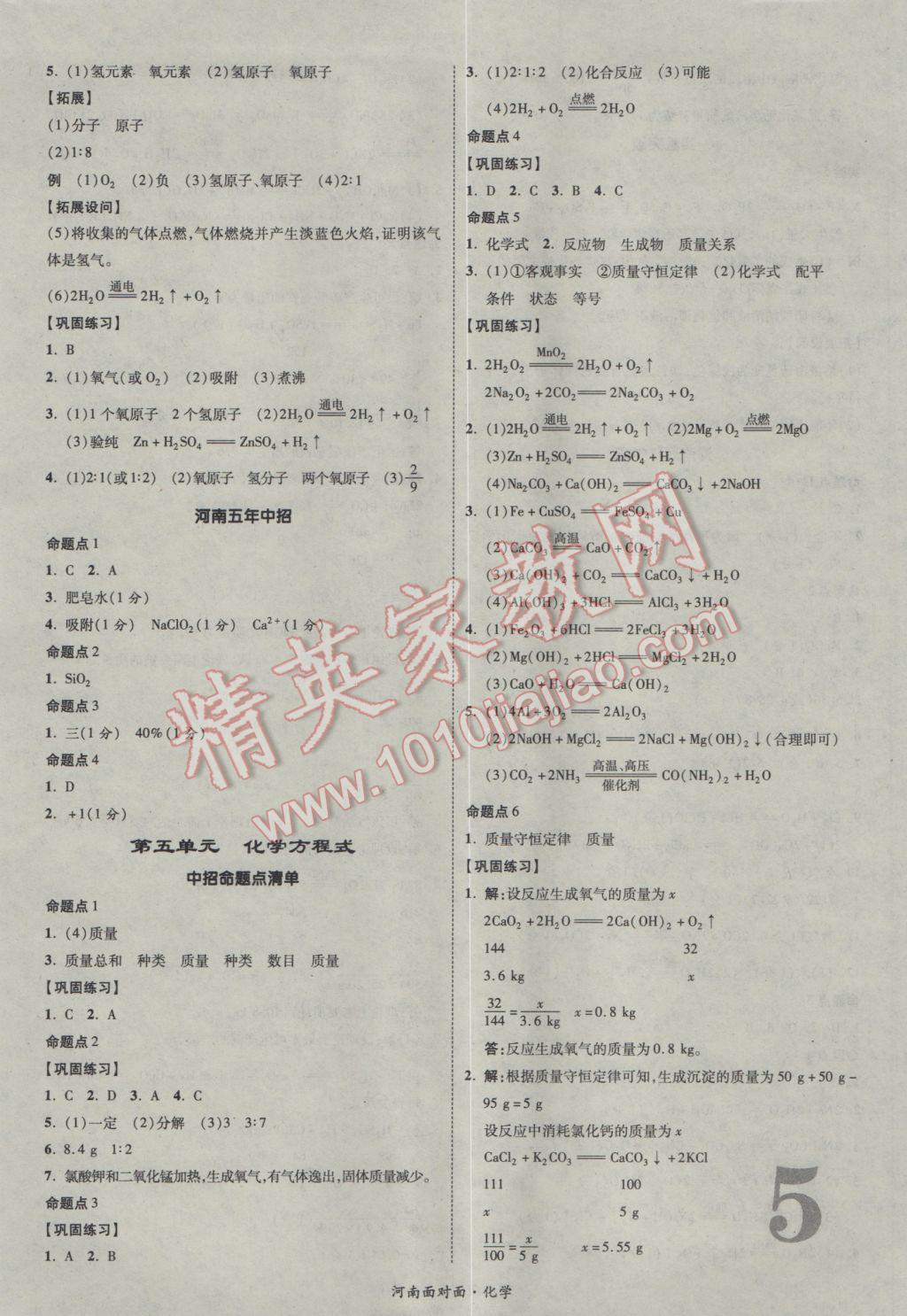 2017年河南中考面对面化学第13年第13版&nbsp;参考答案第5页