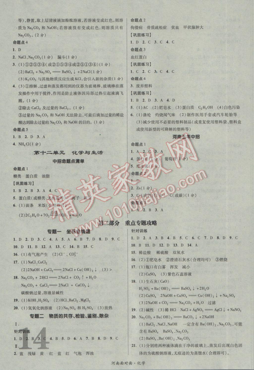 2017年河南中考面对面化学第13年第13版&nbsp;参考答案第14页
