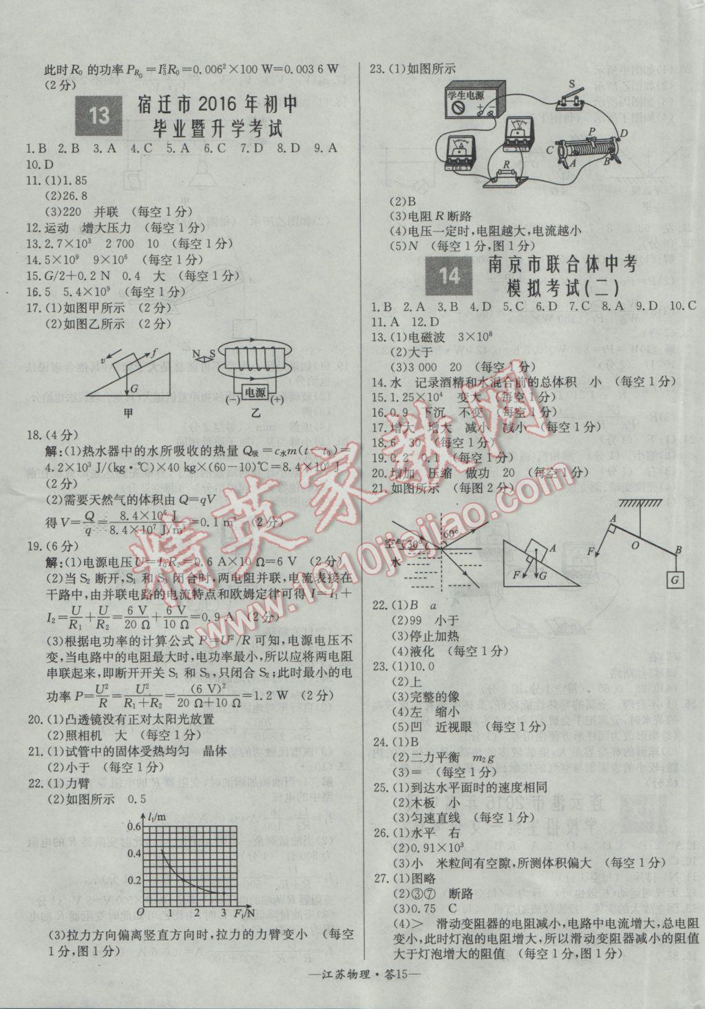 2017年天利38套江苏省13大市中考试题精选物理 参考答案第15页