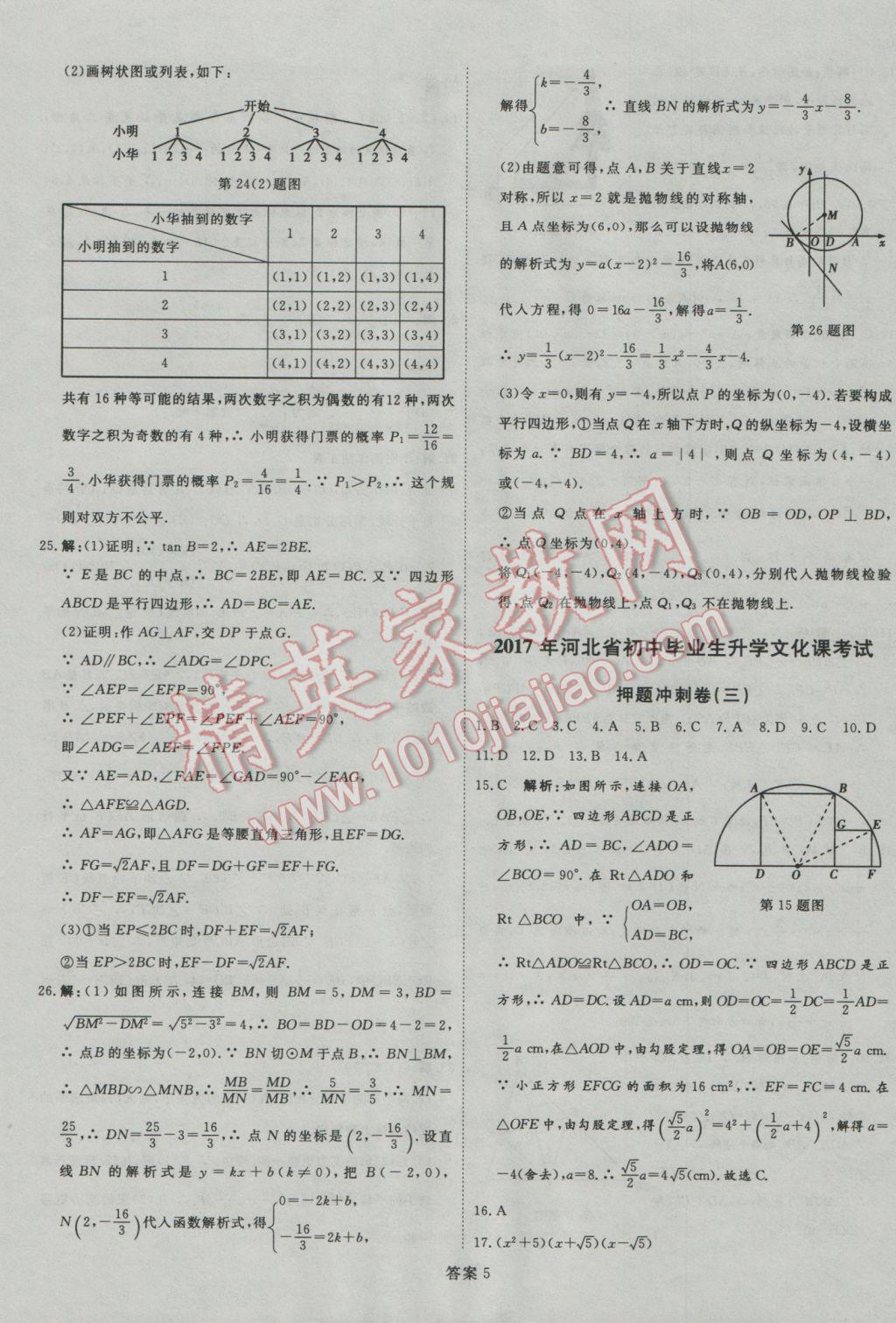 2017年优加学案赢在中考数学河北专版 押题冲刺卷参考答案第60页