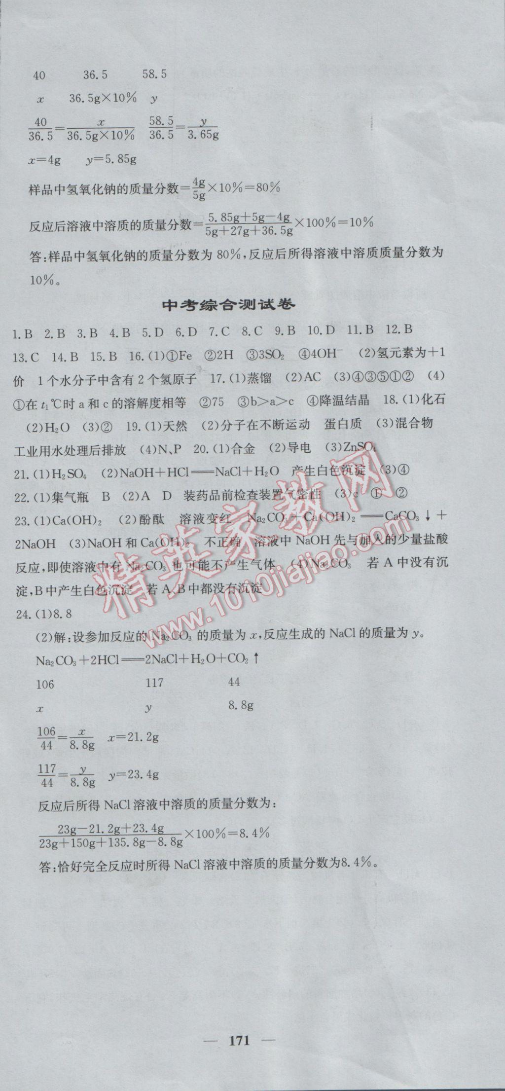 2017年课堂点睛九年级化学下册人教版 参考答案第24页