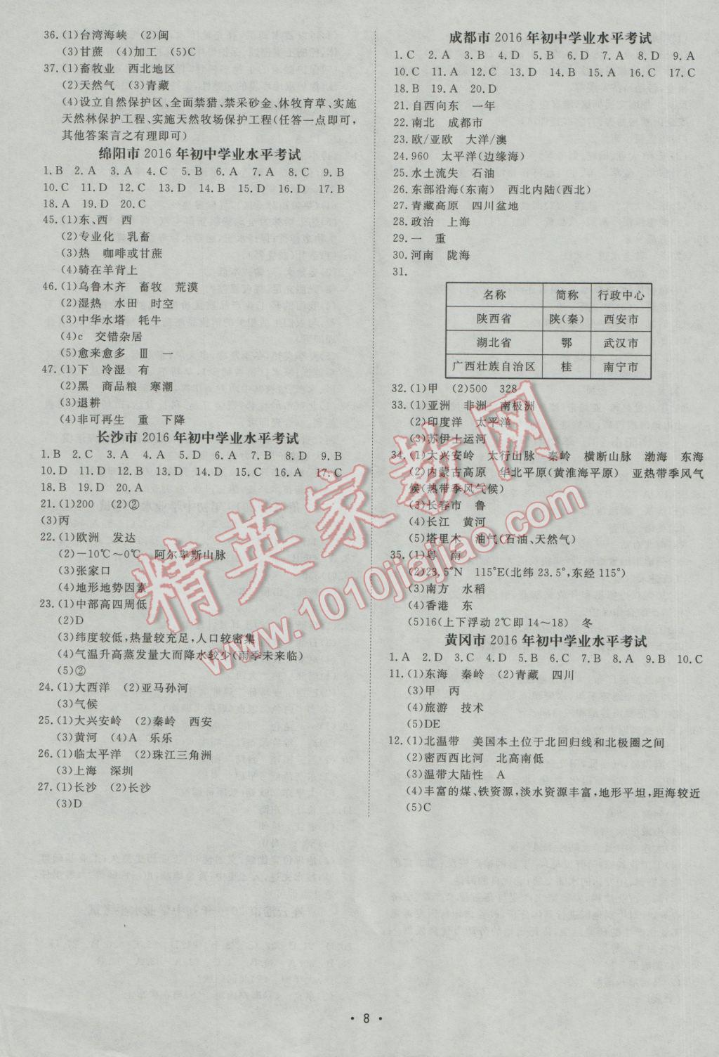 2017年正大圖書中考試題匯編山東省17地市加9套全國卷地理 參考答案第8頁