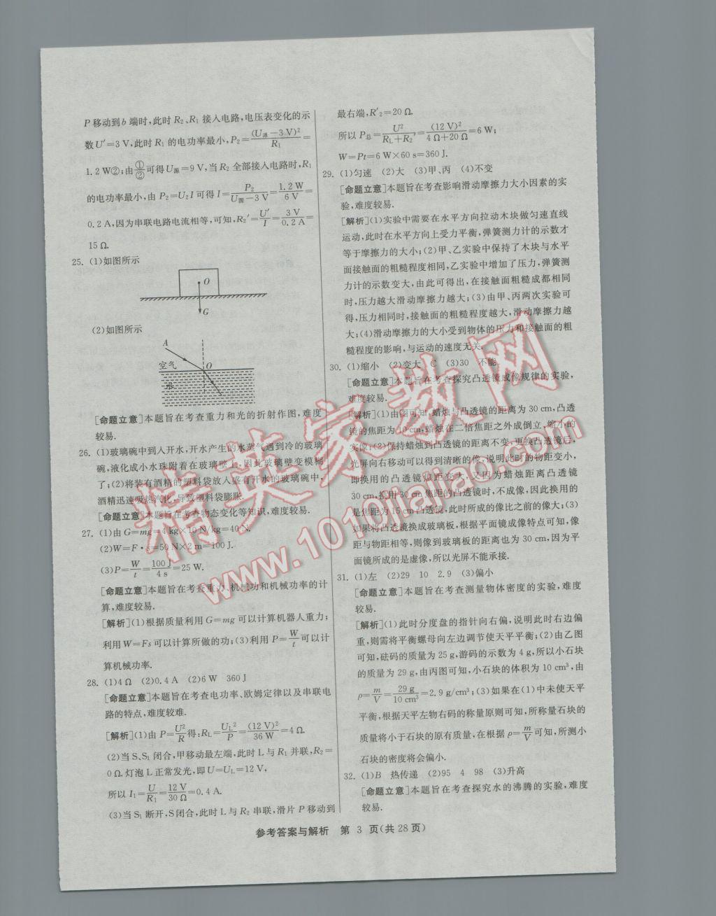 2017年春雨教育考必勝福建省中考試卷精選物理 參考答案第3頁(yè)