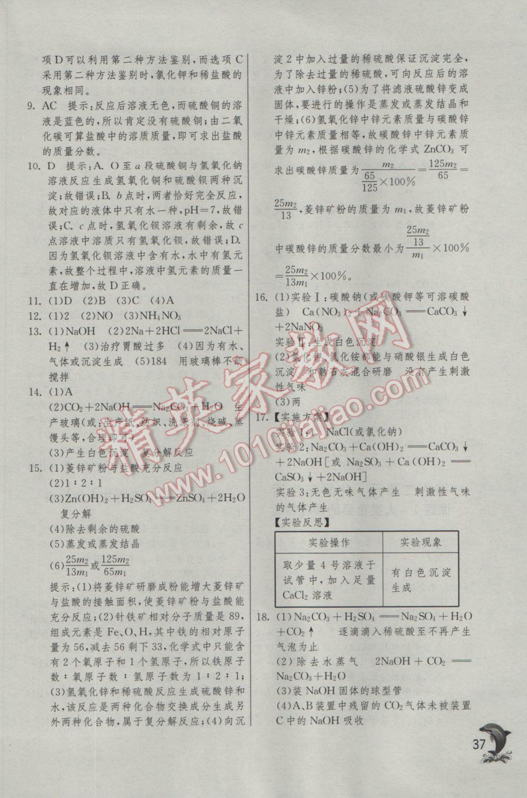 2017年实验班提优训练九年级化学下册人教版 参考答案第37页