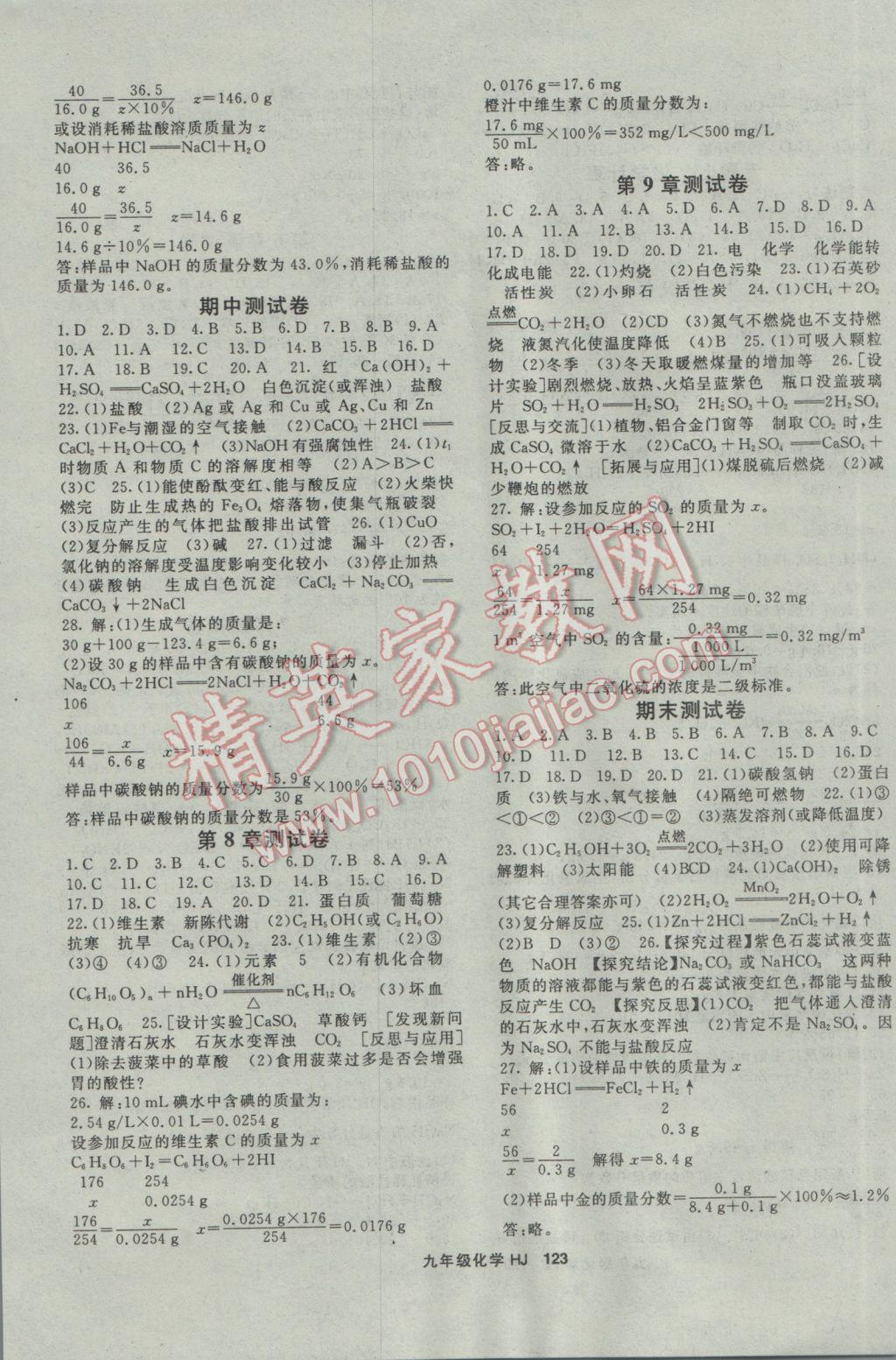 2017年名師大課堂九年級化學(xué)下冊滬教版 參考答案第7頁