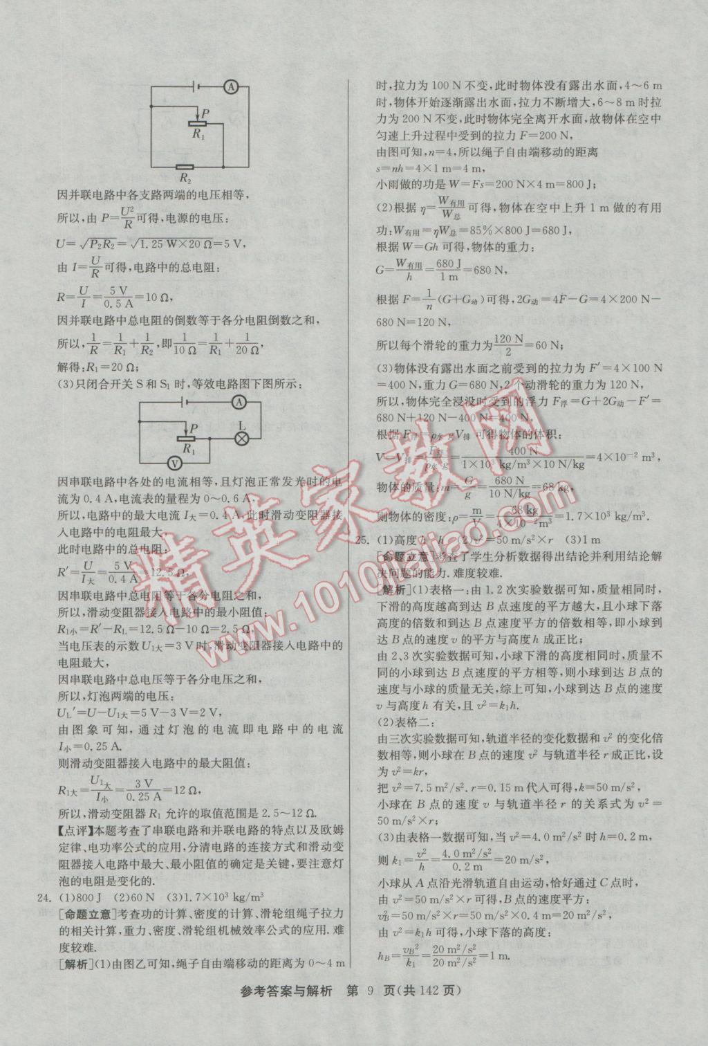 2017年春雨教育考必勝全國中考試卷精選物理 參考答案第9頁