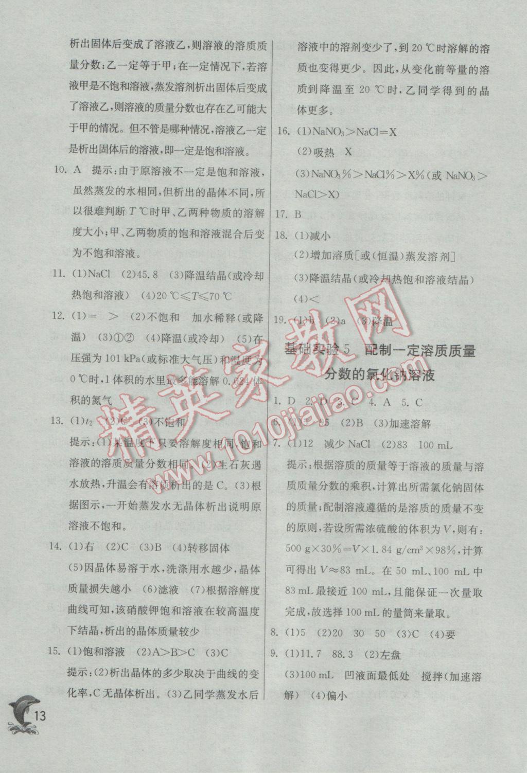 2017年实验班提优训练九年级化学下册沪教版 参考答案第13页