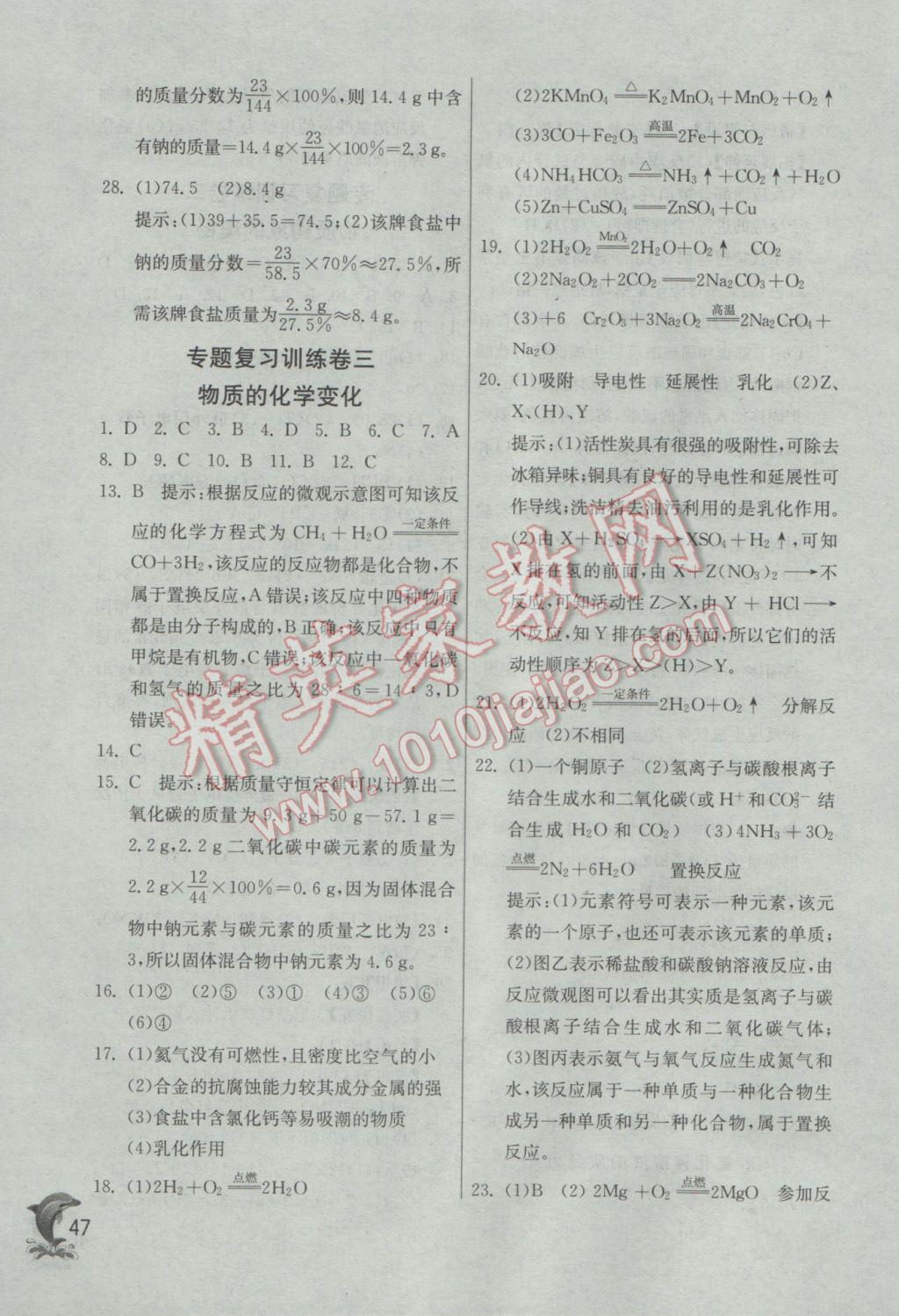 2017年实验班提优训练九年级化学下册沪教版 参考答案第47页