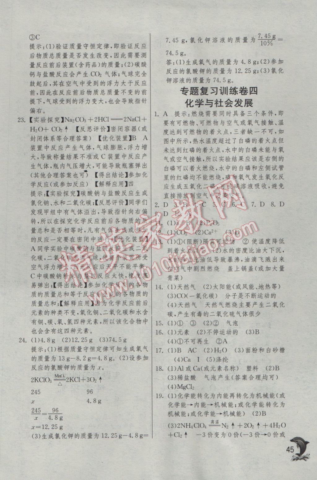 2017年实验班提优训练九年级化学下册人教版 参考答案第45页