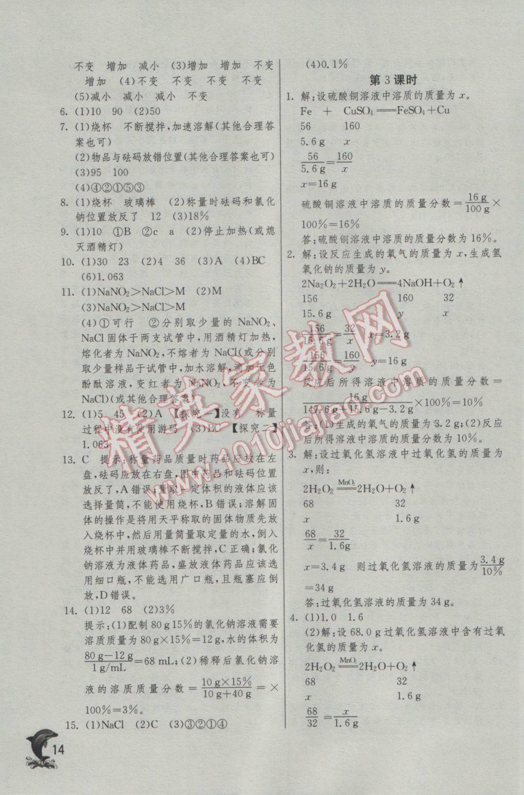 2017年实验班提优训练九年级化学下册人教版 参考答案第14页