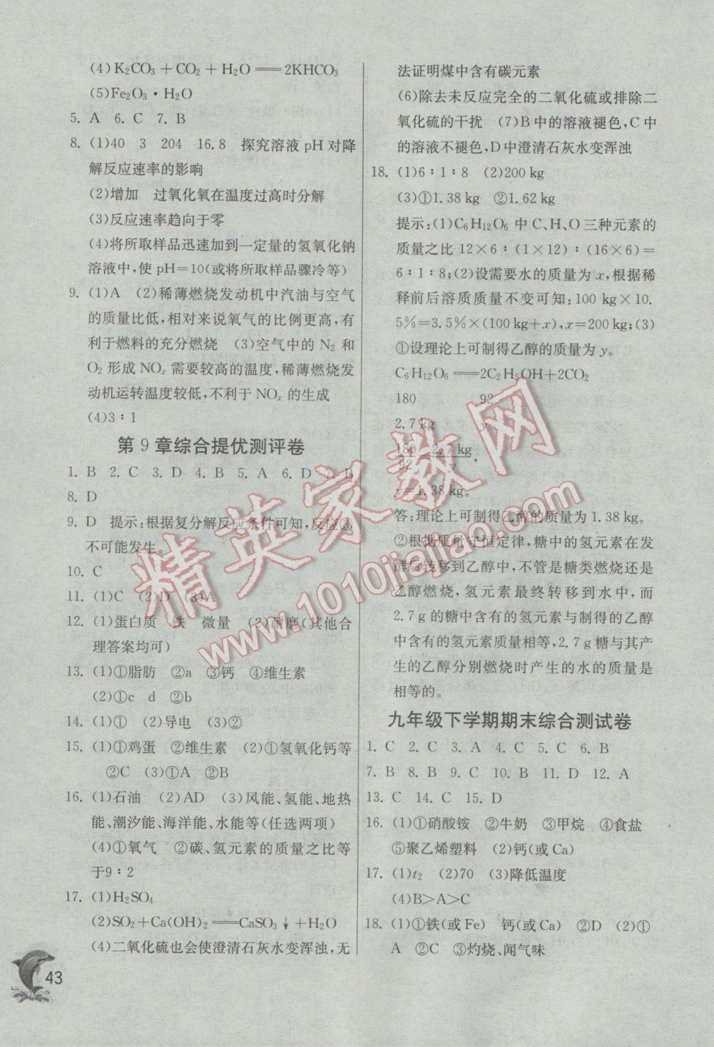 2017年实验班提优训练九年级化学下册沪教版 参考答案第43页