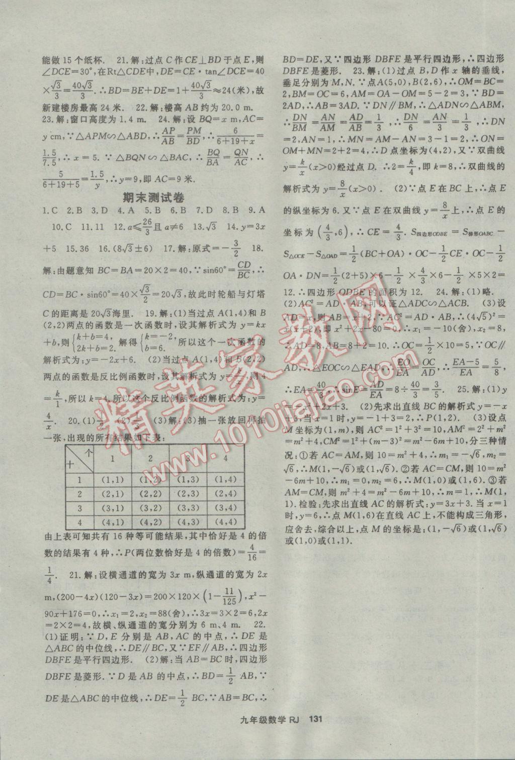 2017年名师大课堂九年级数学下册人教版 参考答案第15页