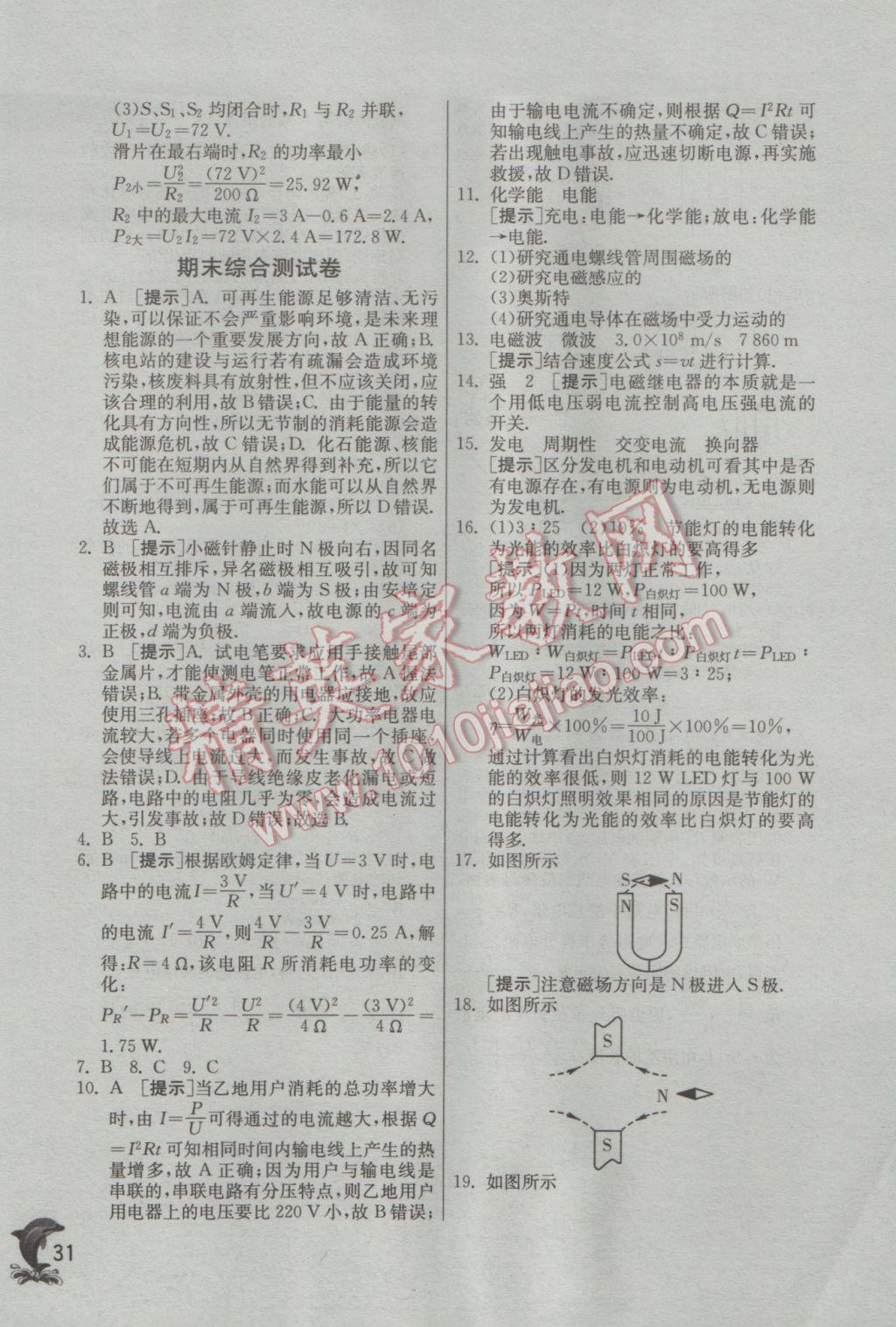 2017年實驗班提優(yōu)訓(xùn)練九年級物理下冊蘇科版 參考答案第31頁