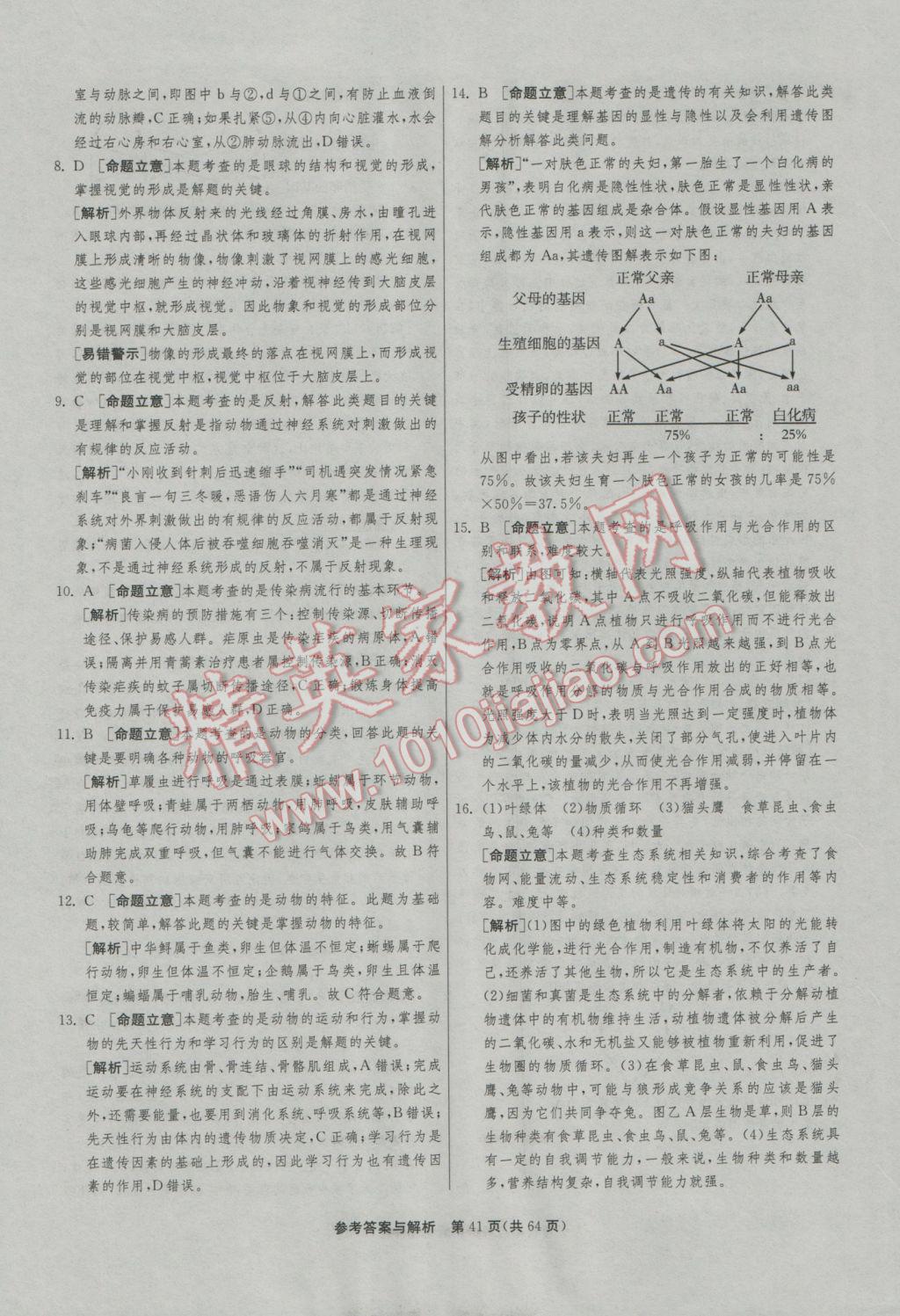 2017年春雨教育考必勝全國中考試卷精選生物 參考答案第41頁