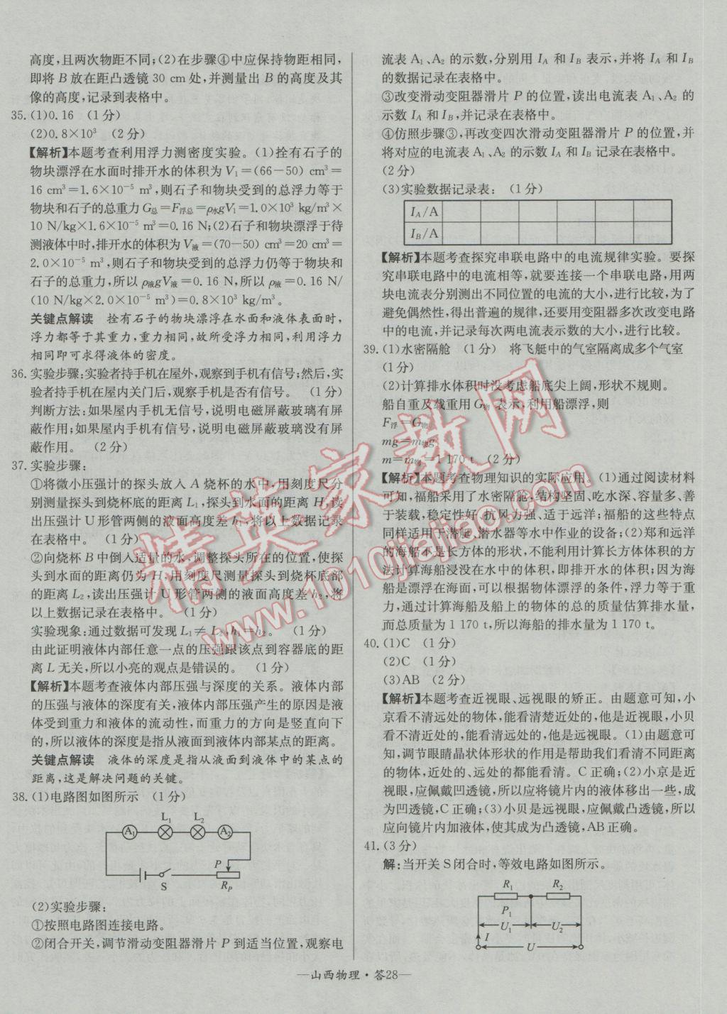 2017年天利38套山西省中考試題精選物理 參考答案第28頁