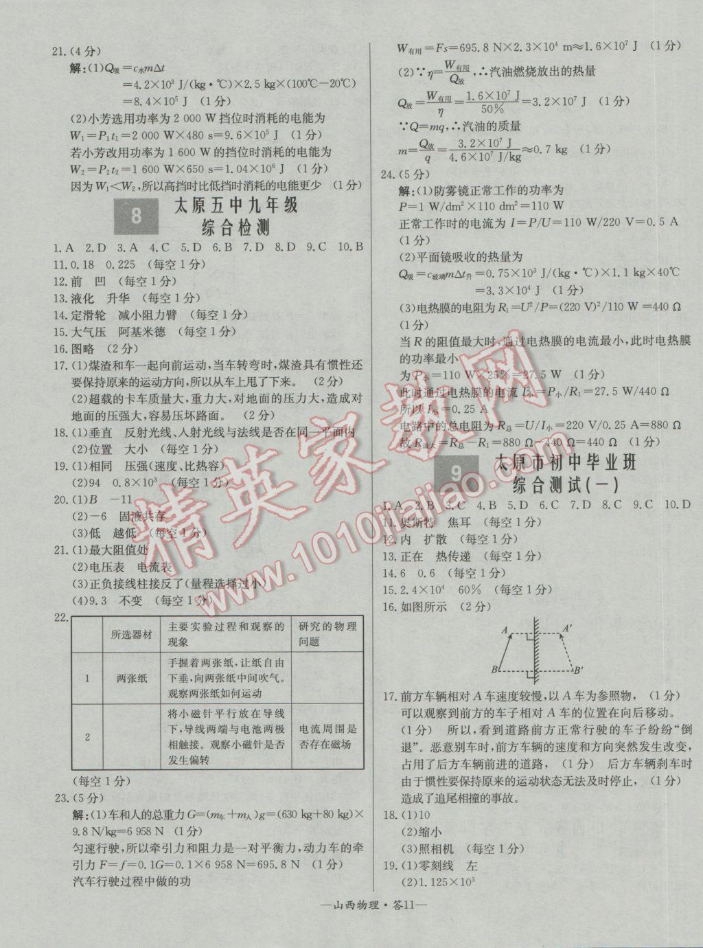 2017年天利38套山西省中考試題精選物理 參考答案第11頁(yè)