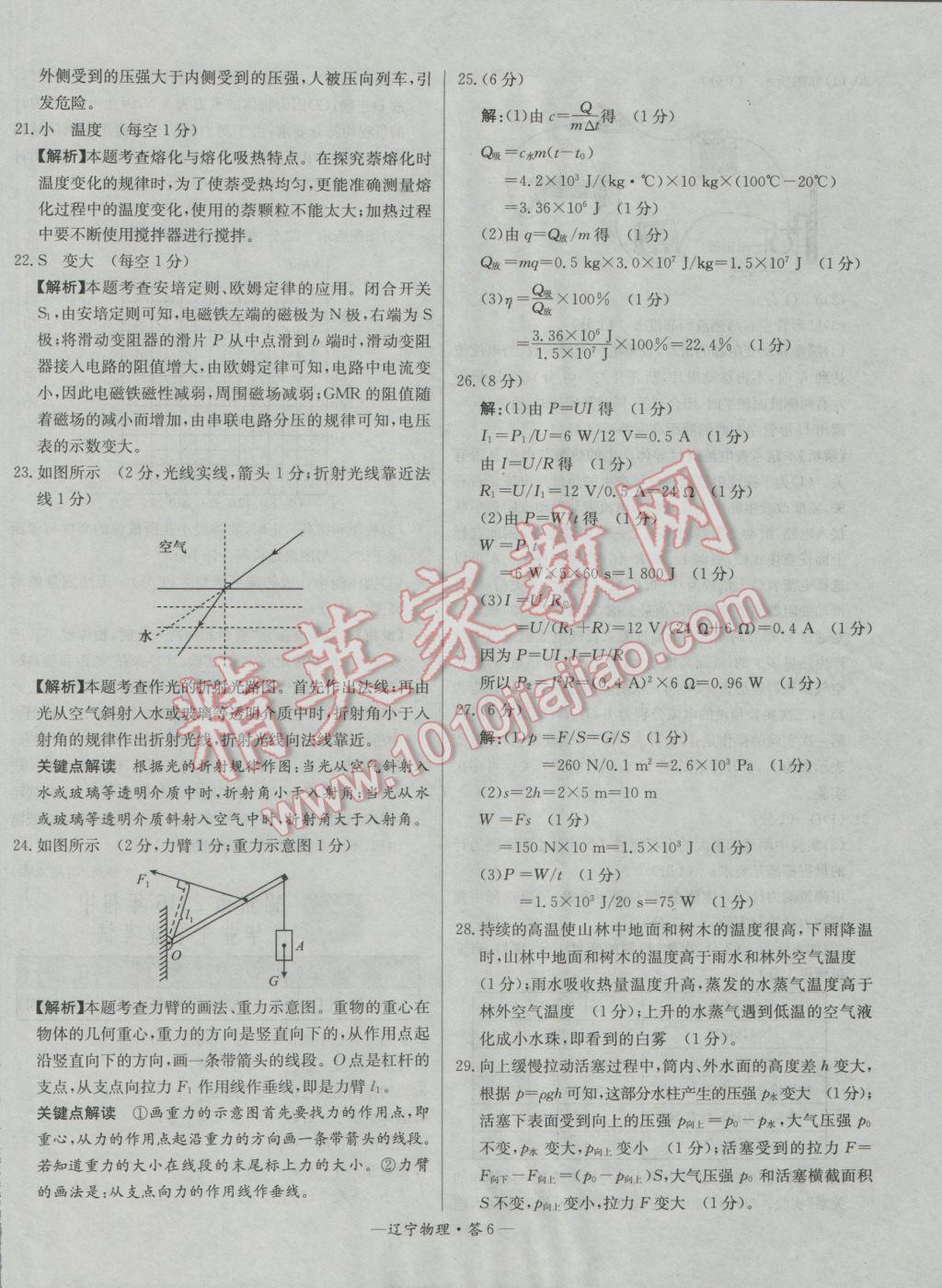 2017年天利38套辽宁省中考试题精选物理 参考答案第6页