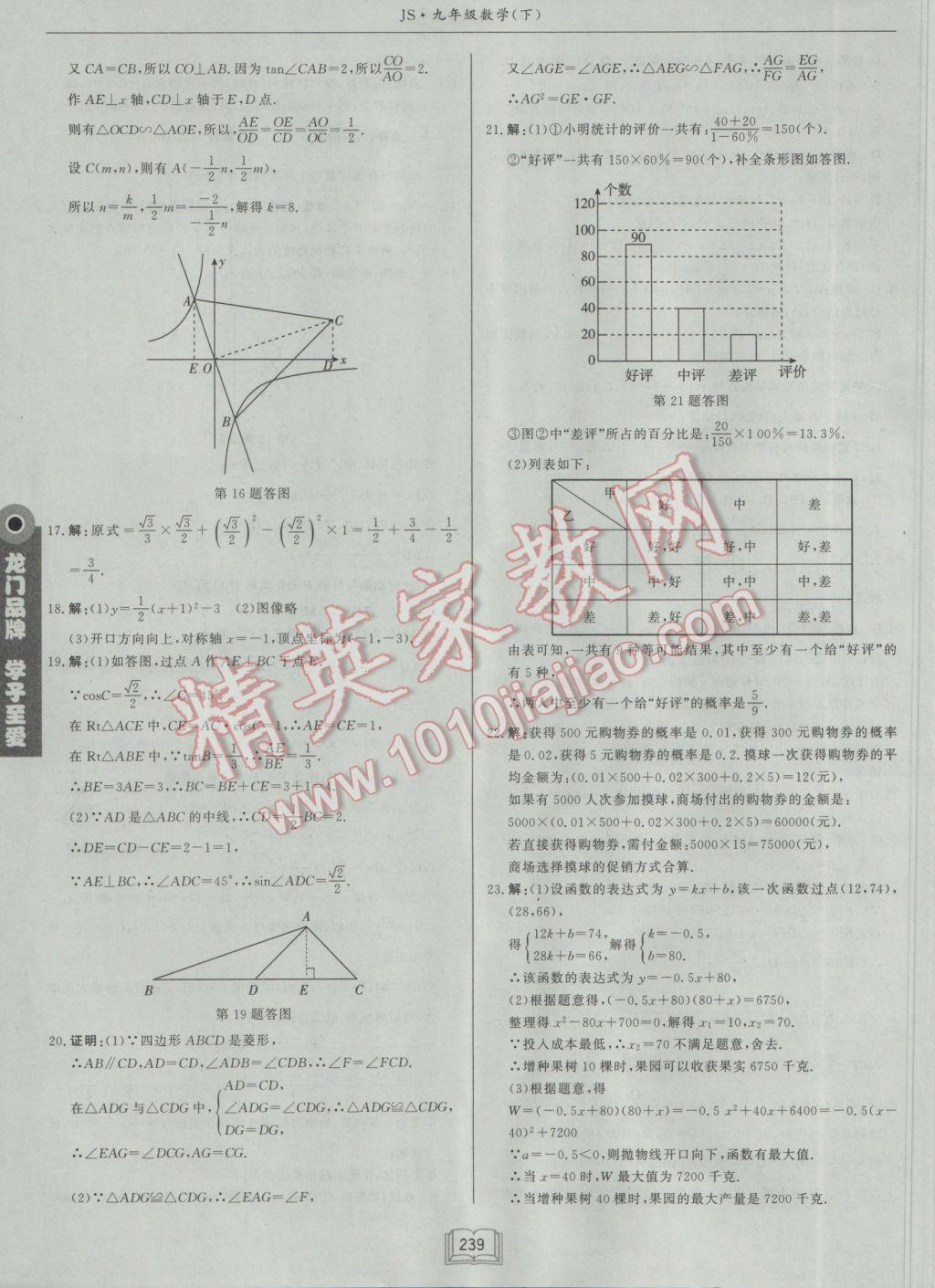 2017年啟東中學作業(yè)本九年級數(shù)學下冊江蘇版 參考答案第63頁