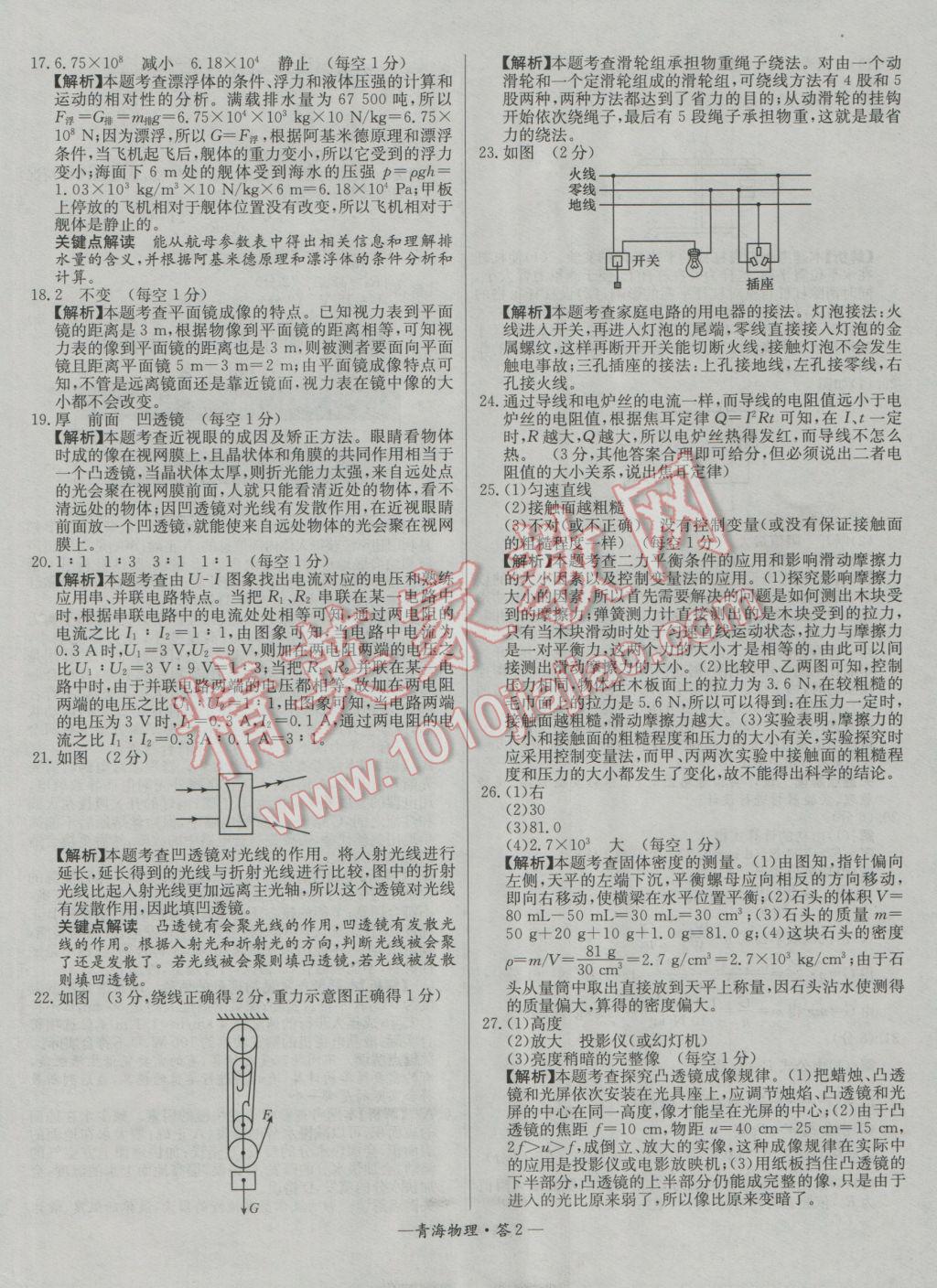 2017年天利38套青海省中考試題精選物理 參考答案第2頁