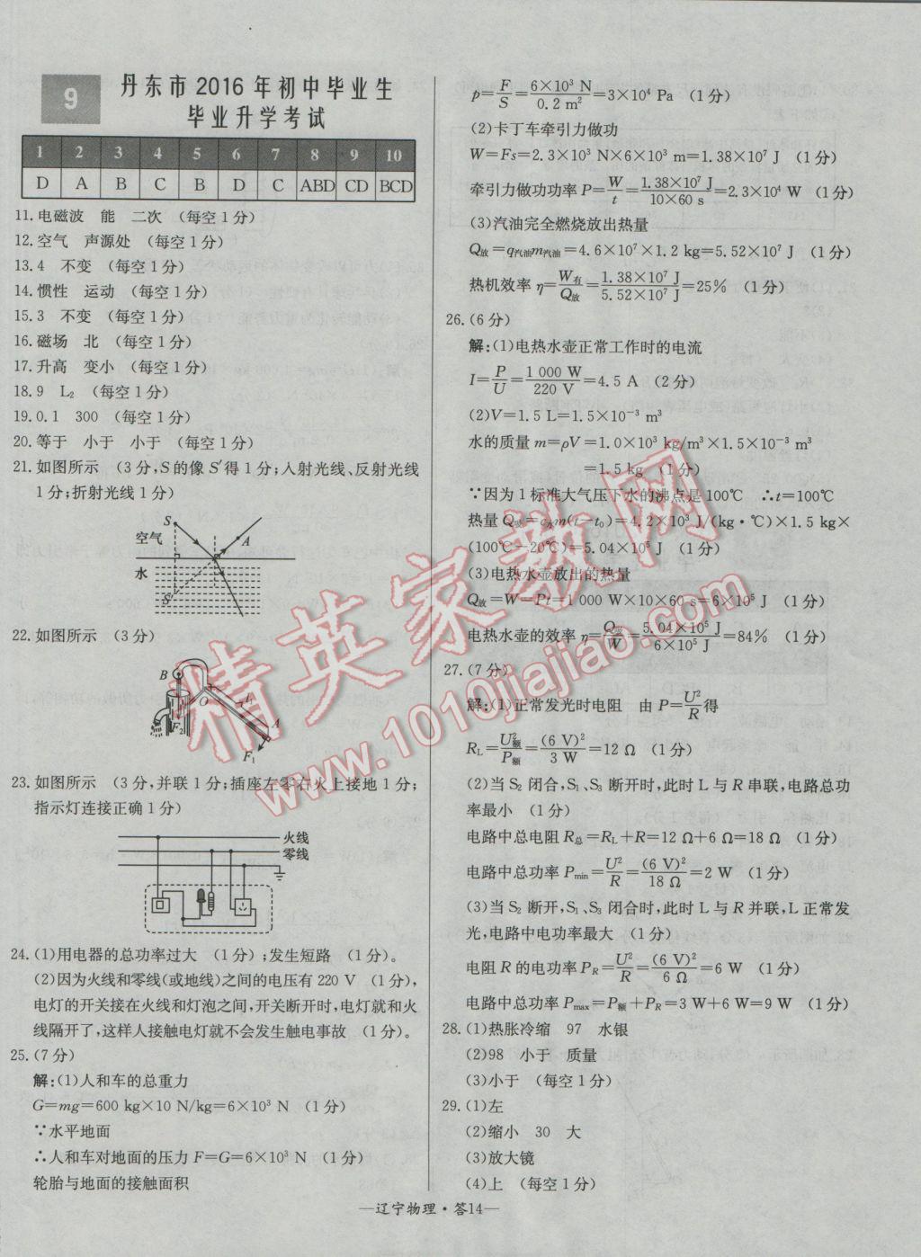 2017年天利38套遼寧省中考試題精選物理 參考答案第14頁