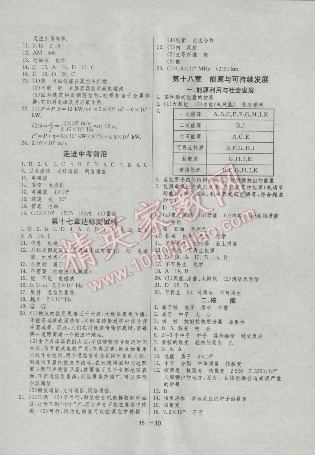 2017年1课3练单元达标测试九年级物理下册苏科版 参考答案第10页