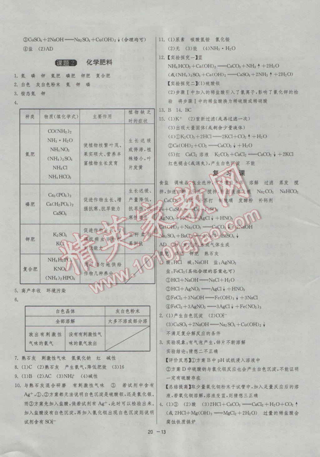 2017年1课3练单元达标测试九年级化学下册人教版 参考答案第13页