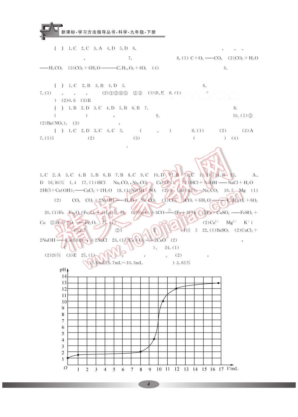 2017年新課標學習方法指導叢書九年級科學下冊人教版 參考答案第4頁