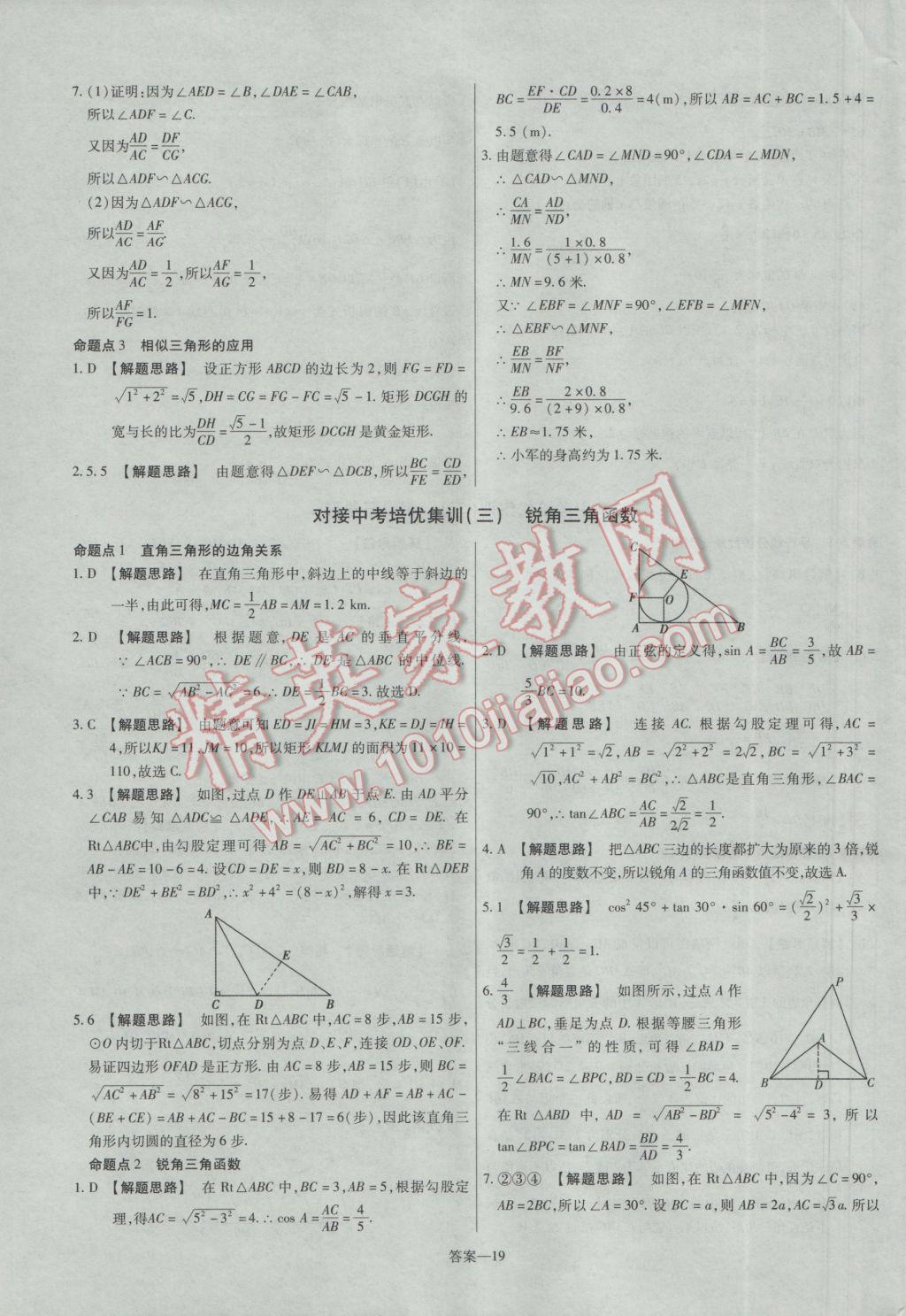 2017年金考卷活页题选九年级数学下册人教版 参考答案第19页