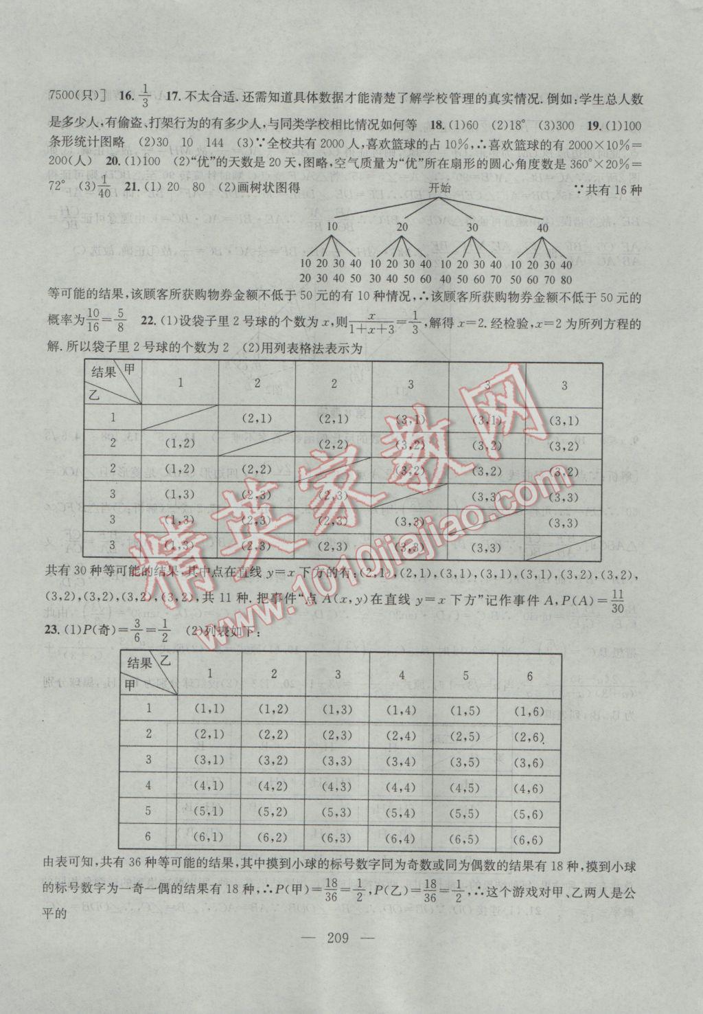 2017年金钥匙1加1课时作业加目标检测九年级数学下册江苏版 参考答案第37页