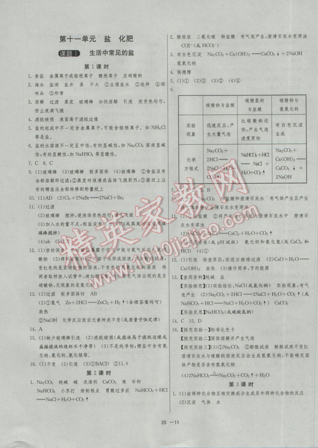 2017年1课3练单元达标测试九年级化学下册人教版 参考答案第11页