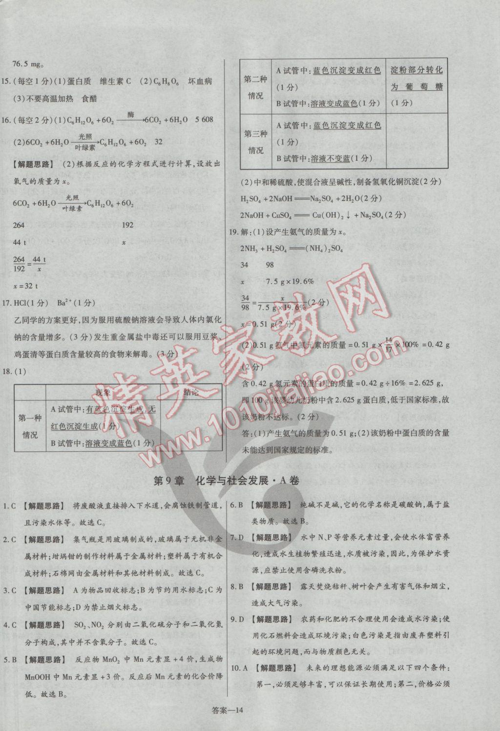 2017年金考卷活頁題選九年級化學下冊滬教版 參考答案第14頁