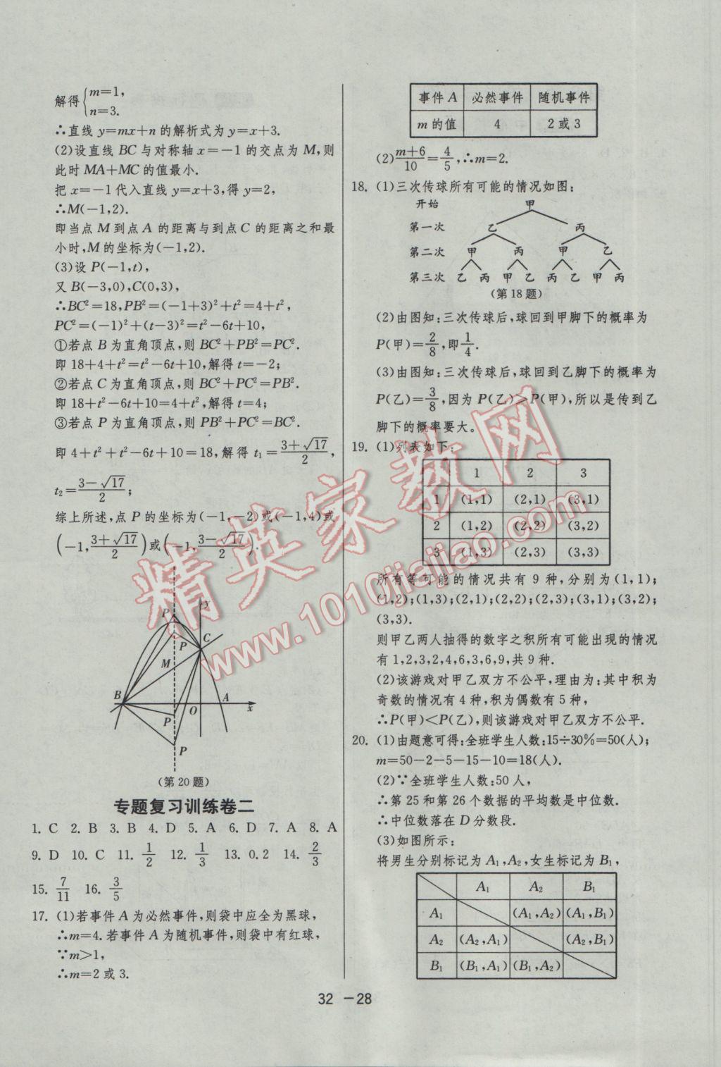 2017年1课3练单元达标测试九年级数学下册青岛版 参考答案第28页