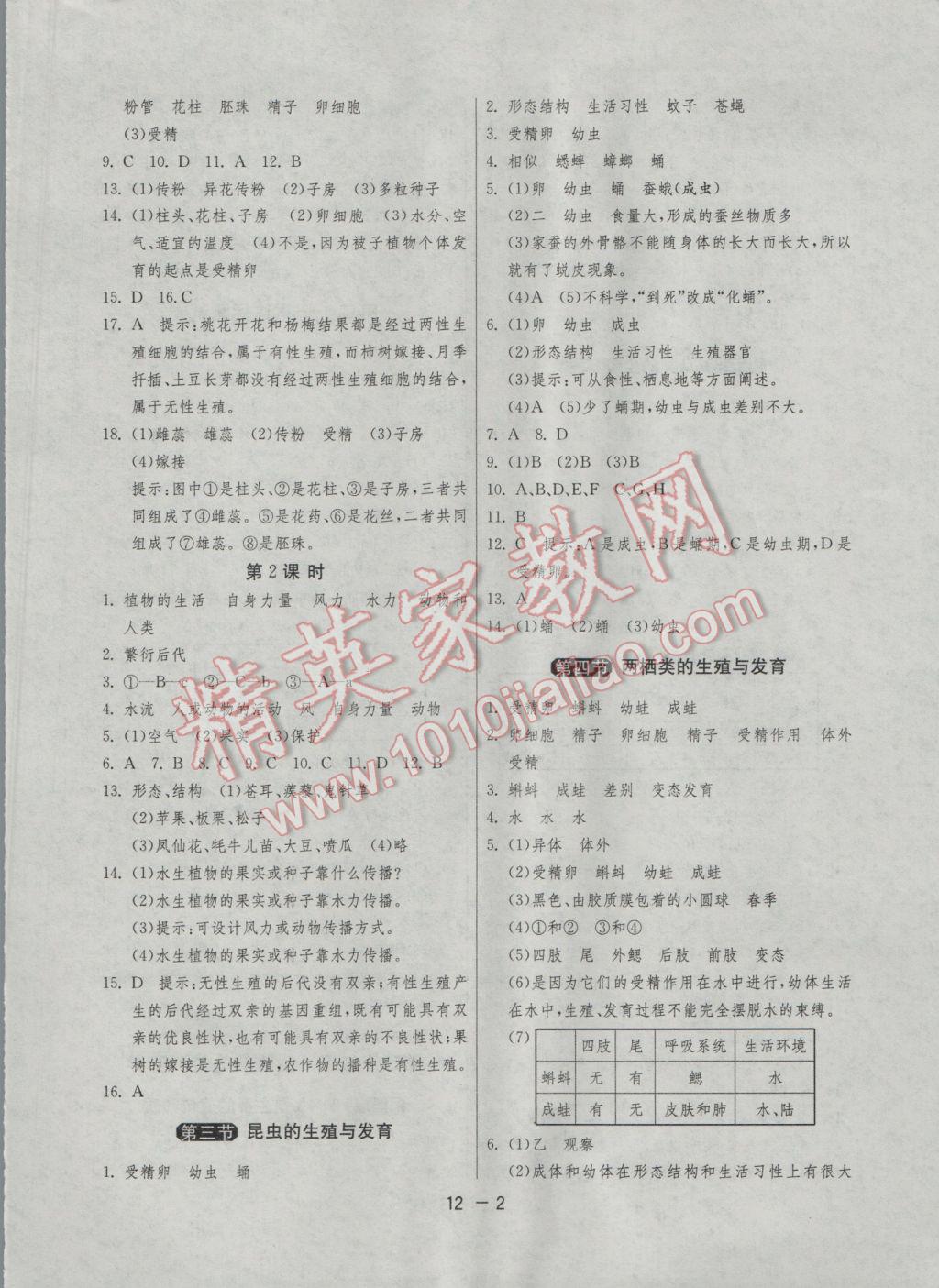 2017年1课3练单元达标测试八年级生物学下册苏教版 参考答案第2页